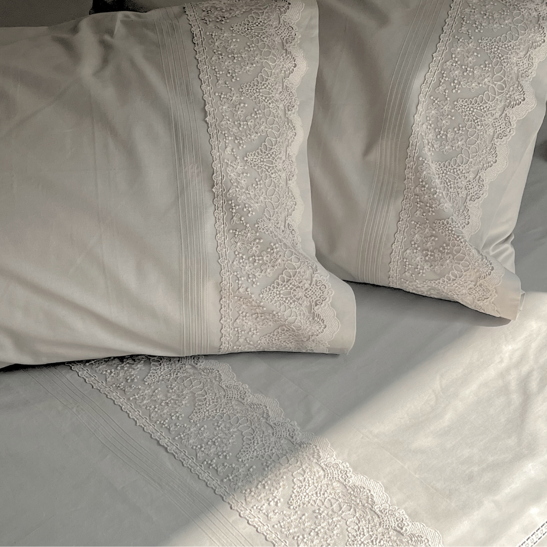Chantilly Beige Embroidered Lace Bedsheet Set