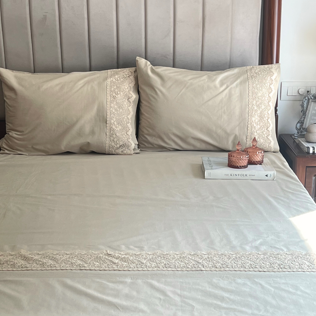 Chantilly Beige Embroidered Lace Bedsheet Set