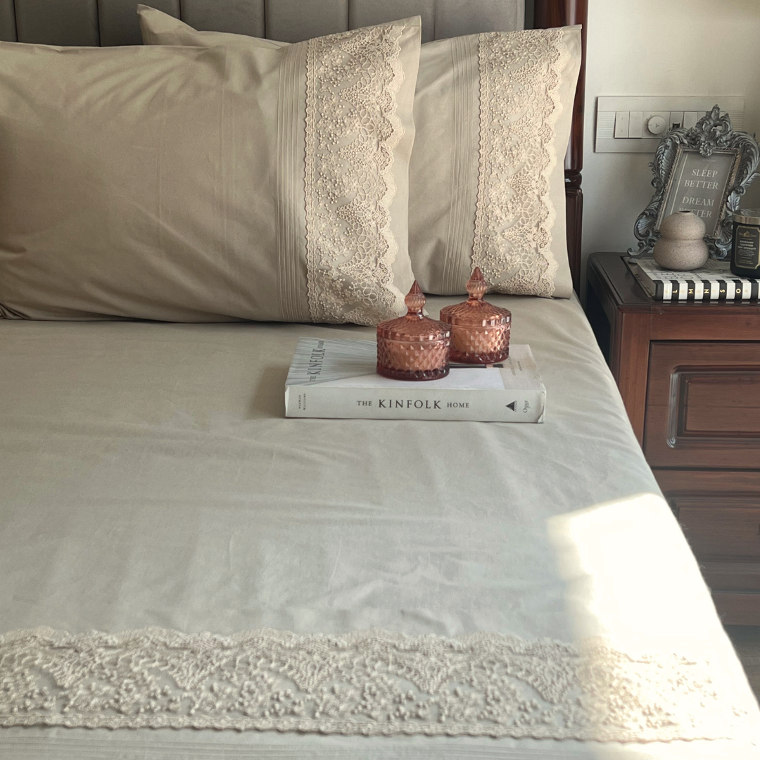 Chantilly Desert Beige Embroidered Lace Bedsheet Set