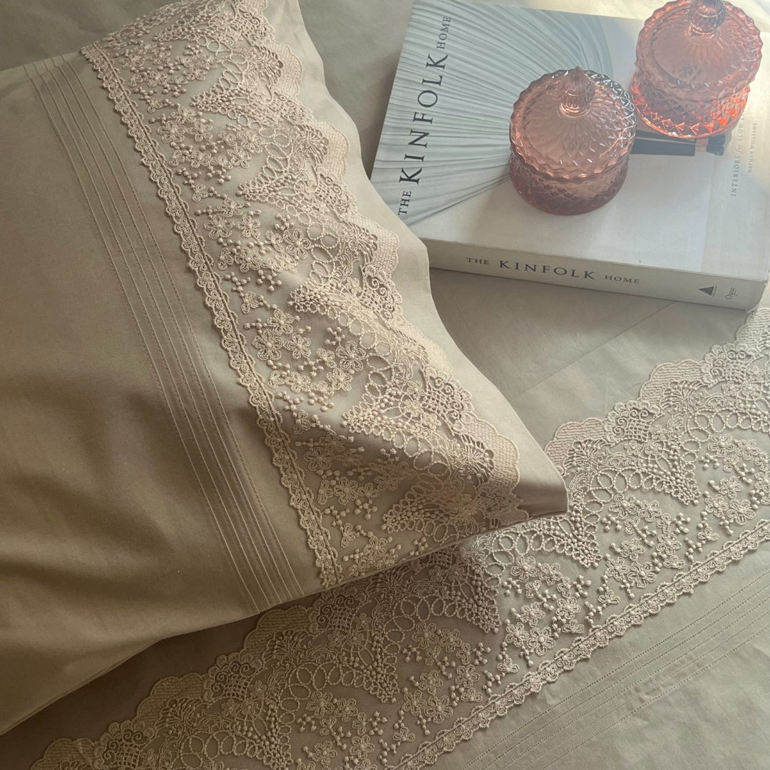 Chantilly Desert Beige Embroidered Lace Bedsheet Set