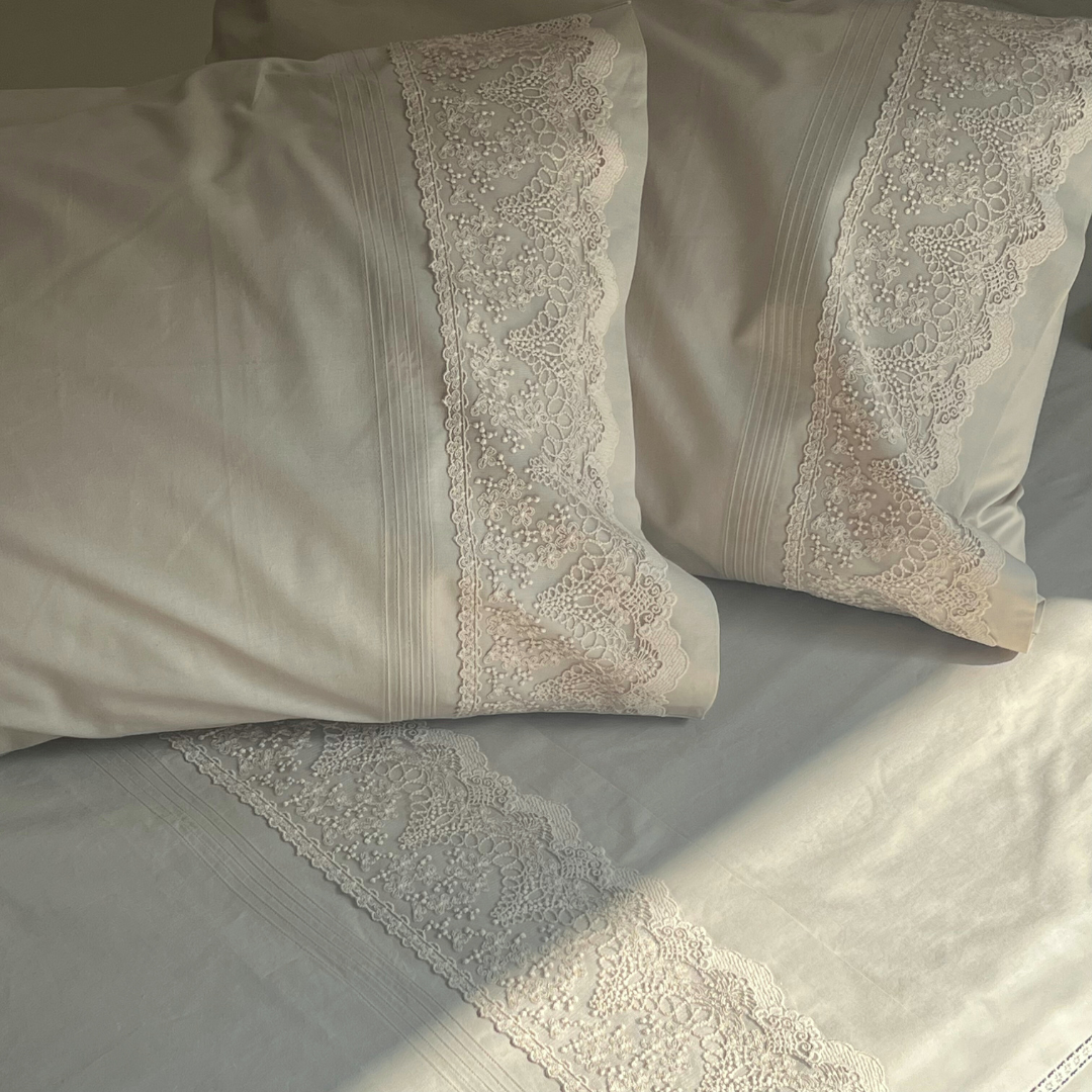 Chantilly Desert Beige Embroidered Lace Bedsheet Set