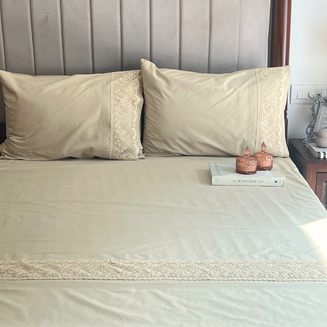 Chantilly Desert Beige Embroidered Lace Bedsheet Set