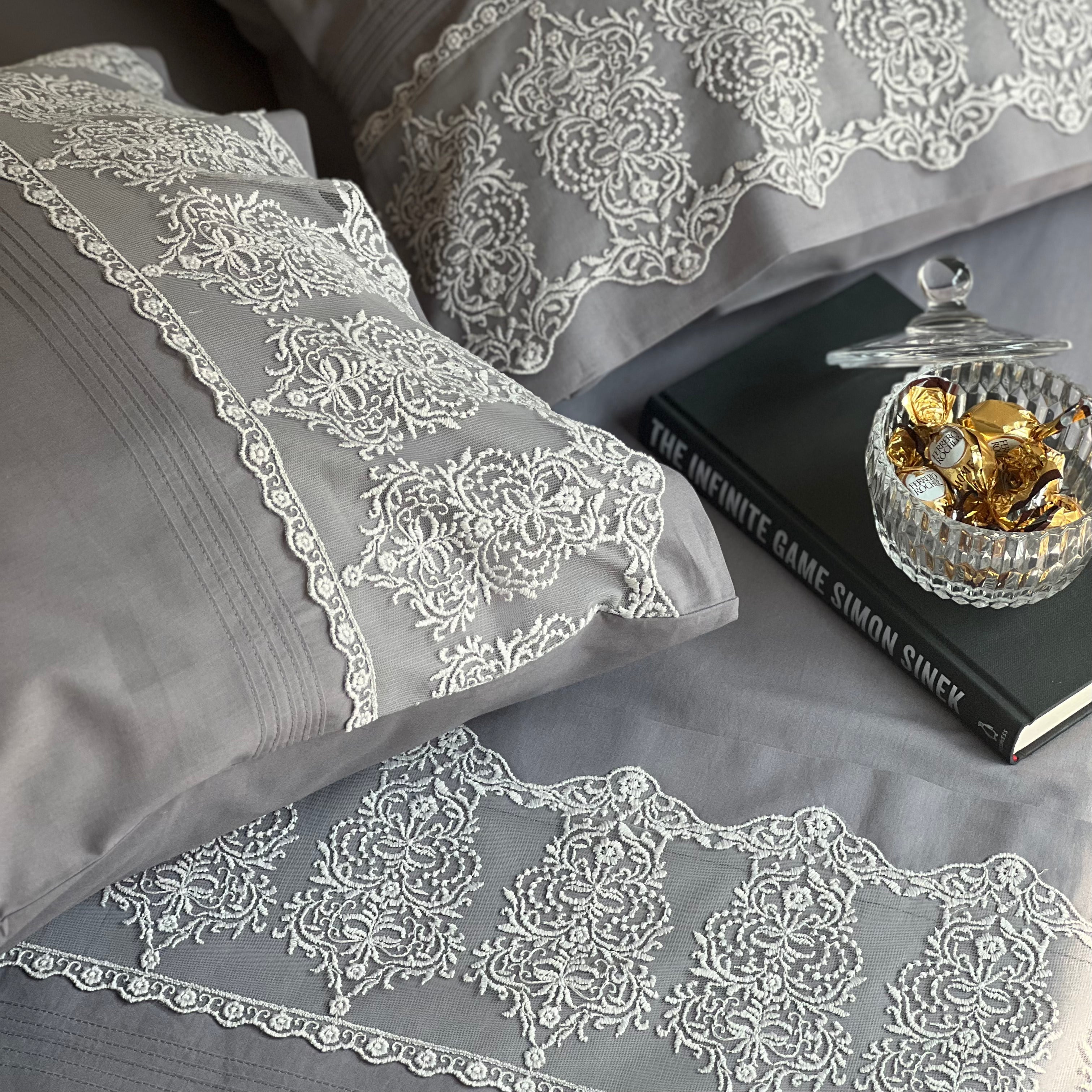 Chantilly Elephant Grey Embroidered Lace Bedsheet Set