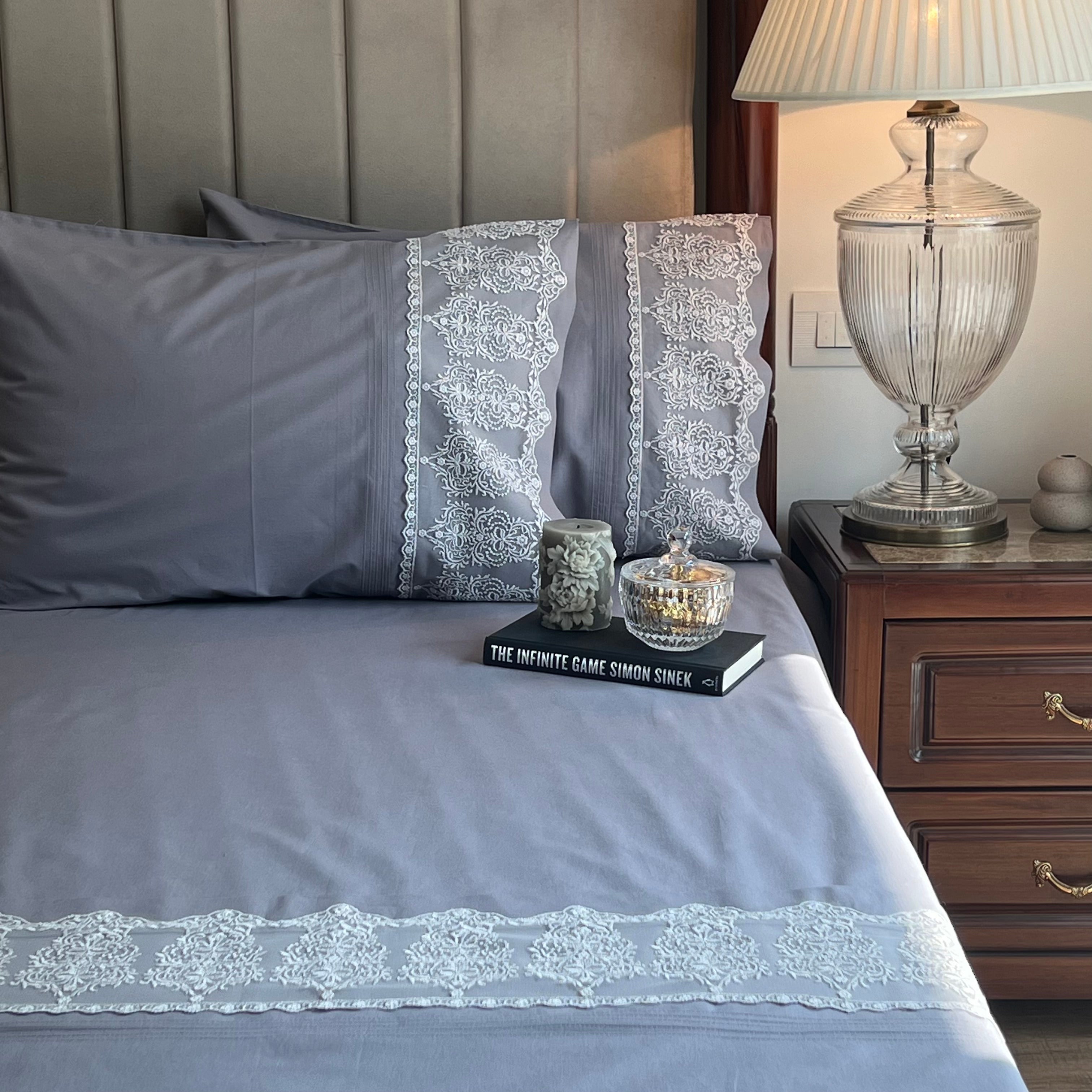 Chantilly Elephant Grey Embroidered Lace Bedsheet Set