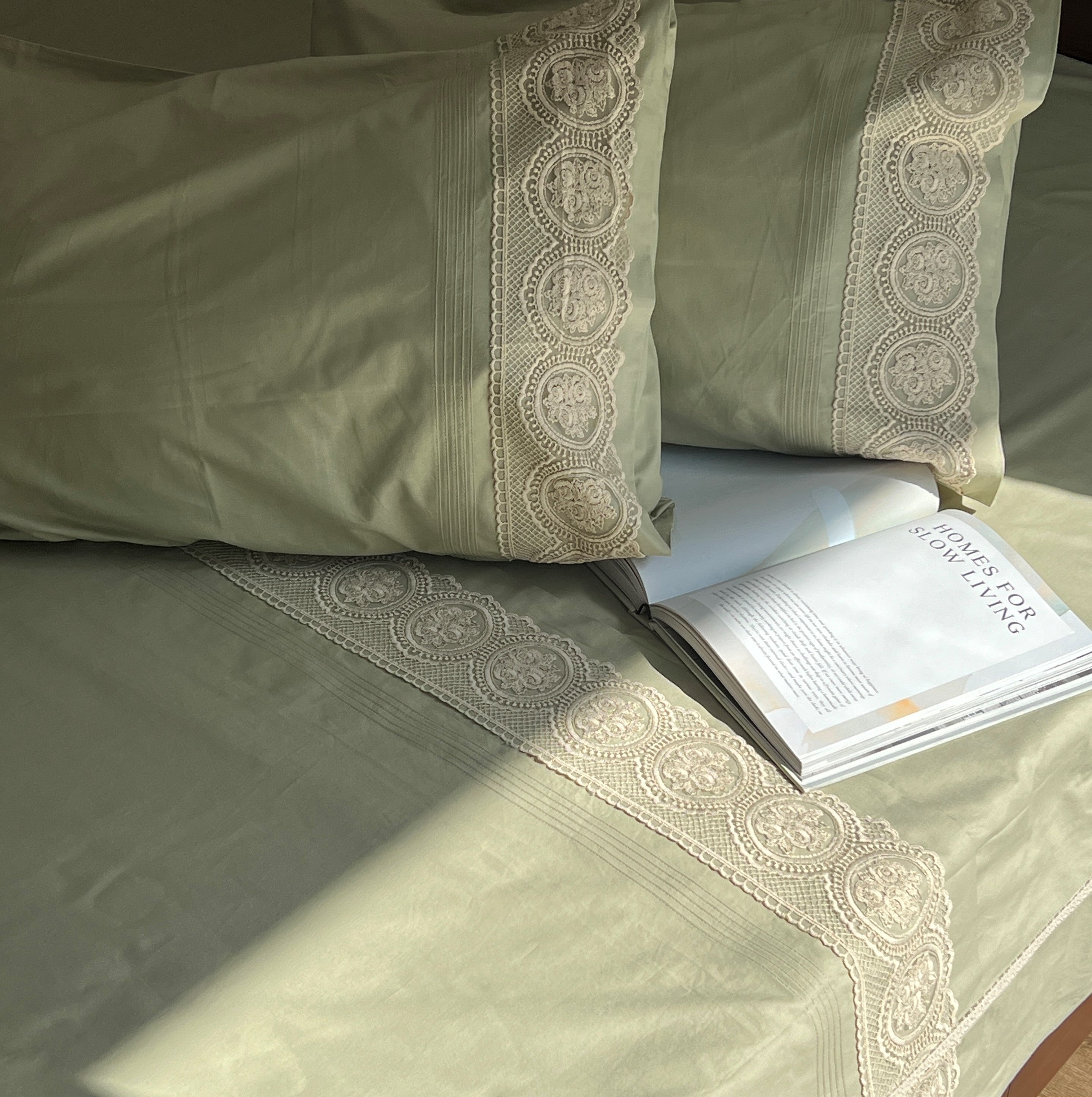 Chantilly Forest Green Embroidered Lace Bedsheet Set