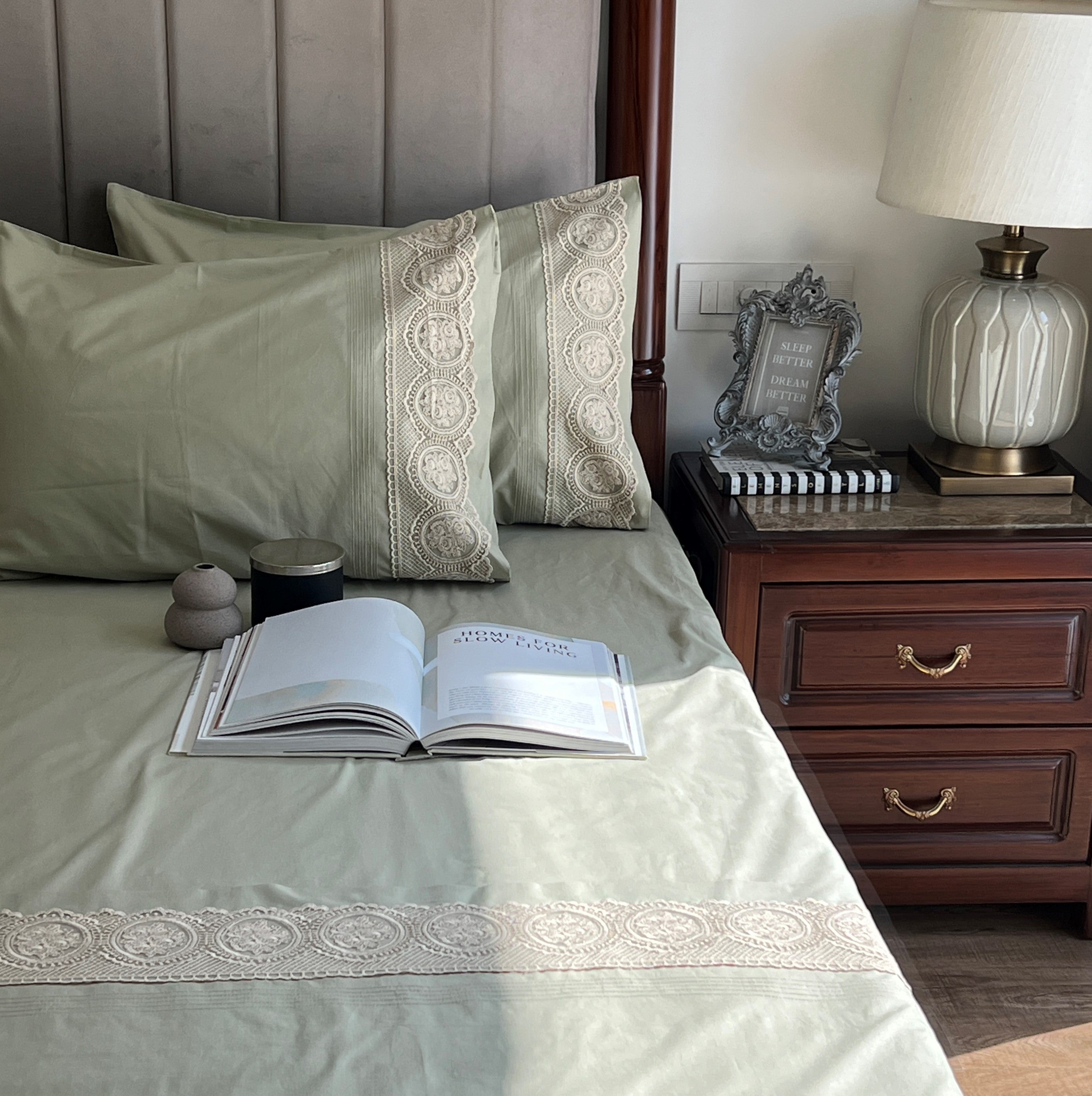 Chantilly Forest Green Embroidered Lace Bedsheet Set