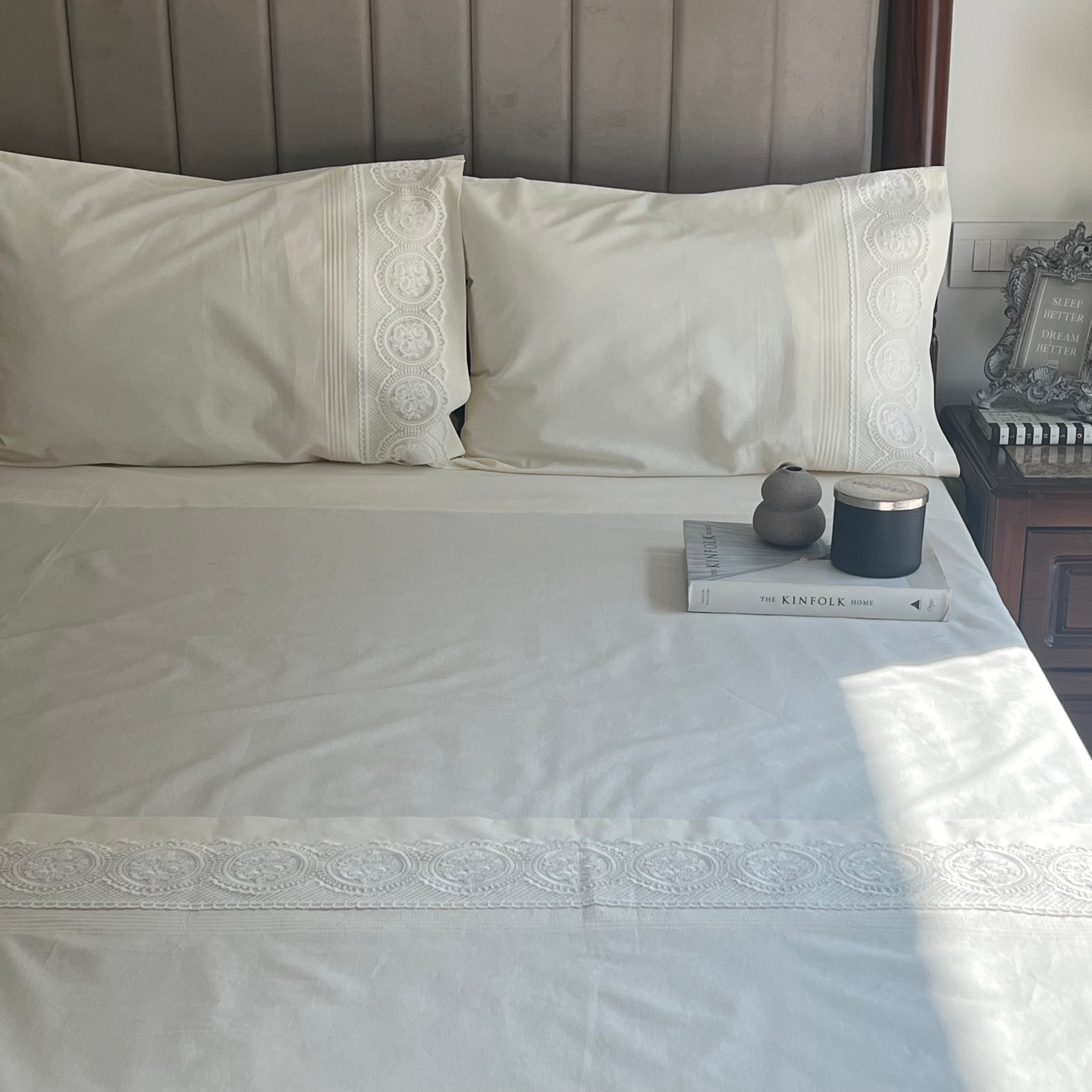 Chantilly Ivory Embroidered Lace Bedsheet Set