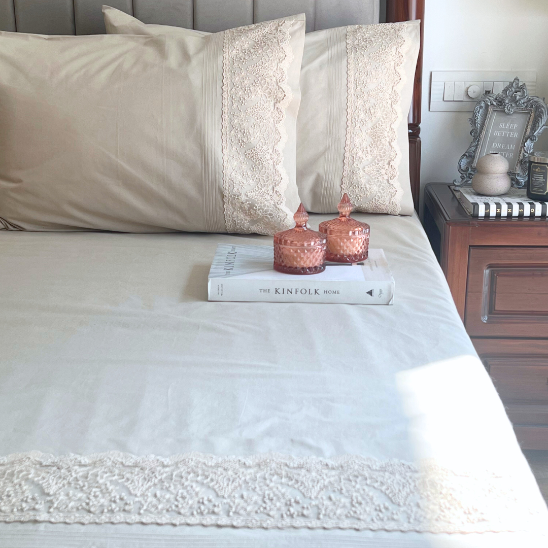 Chantilly Oats Beige Embroidered Lace Bedsheet Set