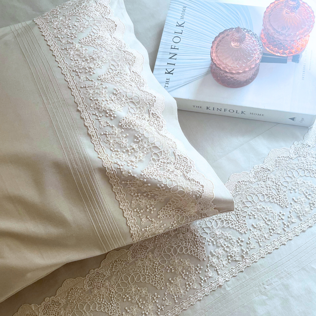 Chantilly Oats Beige Embroidered Lace Bedsheet Set