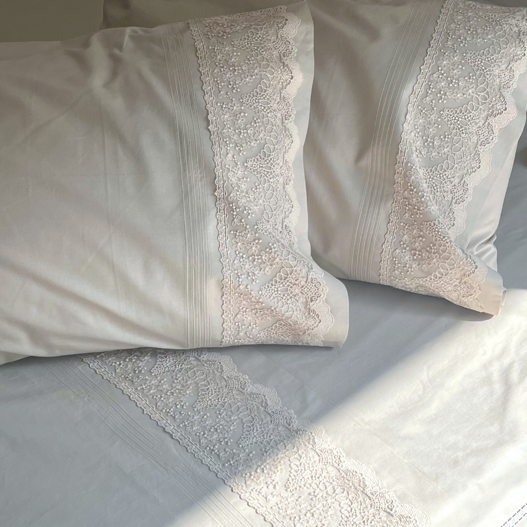 Chantilly Oats Beige Embroidered Lace Bedsheet Set