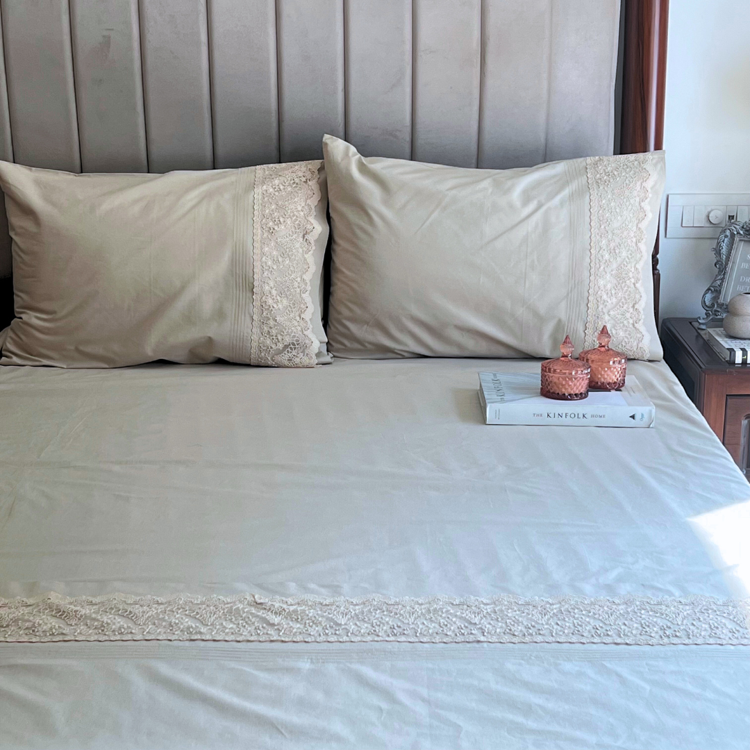 Chantilly Oats Beige Embroidered Lace Bedsheet Set