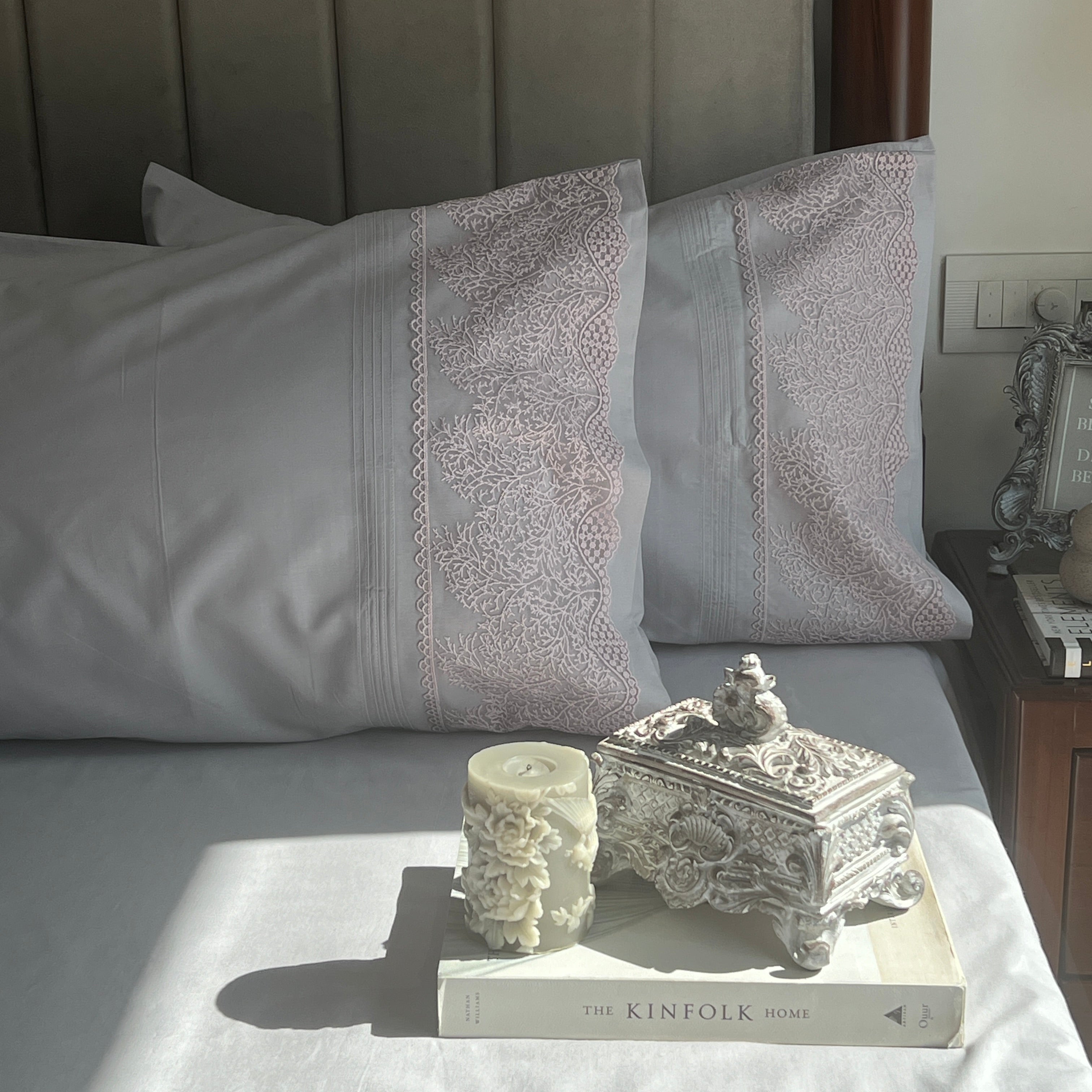 Chantilly Pearl Grey Embroidered Lace Bedsheet Set