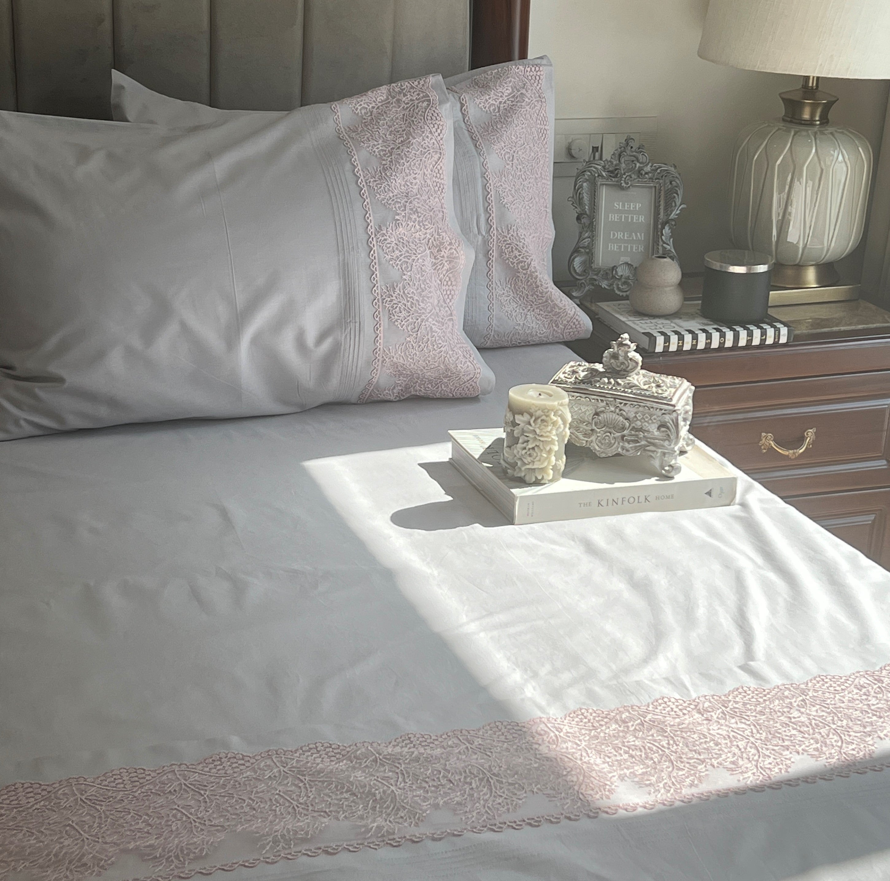 Chantilly Pearl Grey Embroidered Lace Bedsheet Set