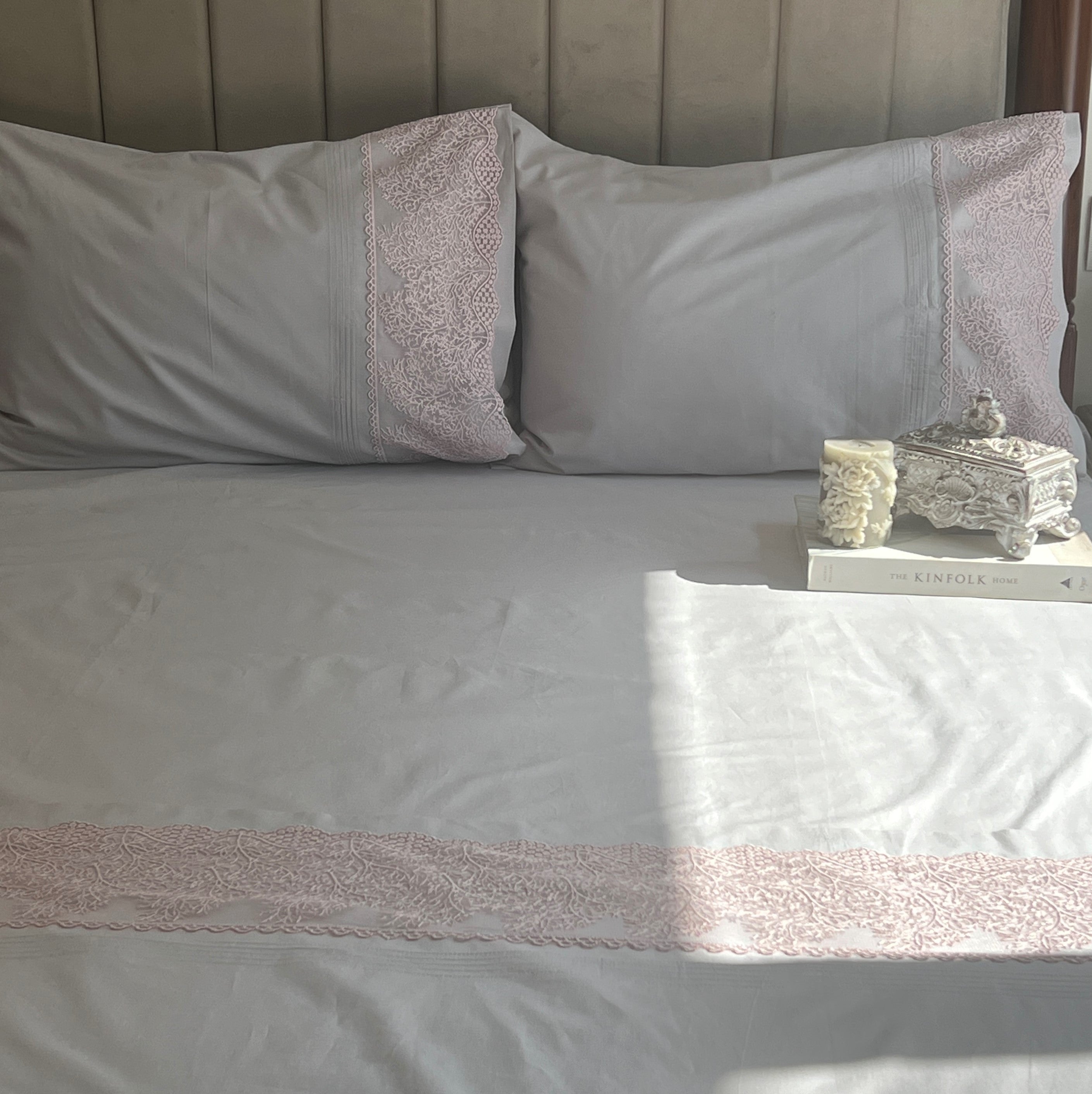 Chantilly Pearl Grey Embroidered Lace Bedsheet Set