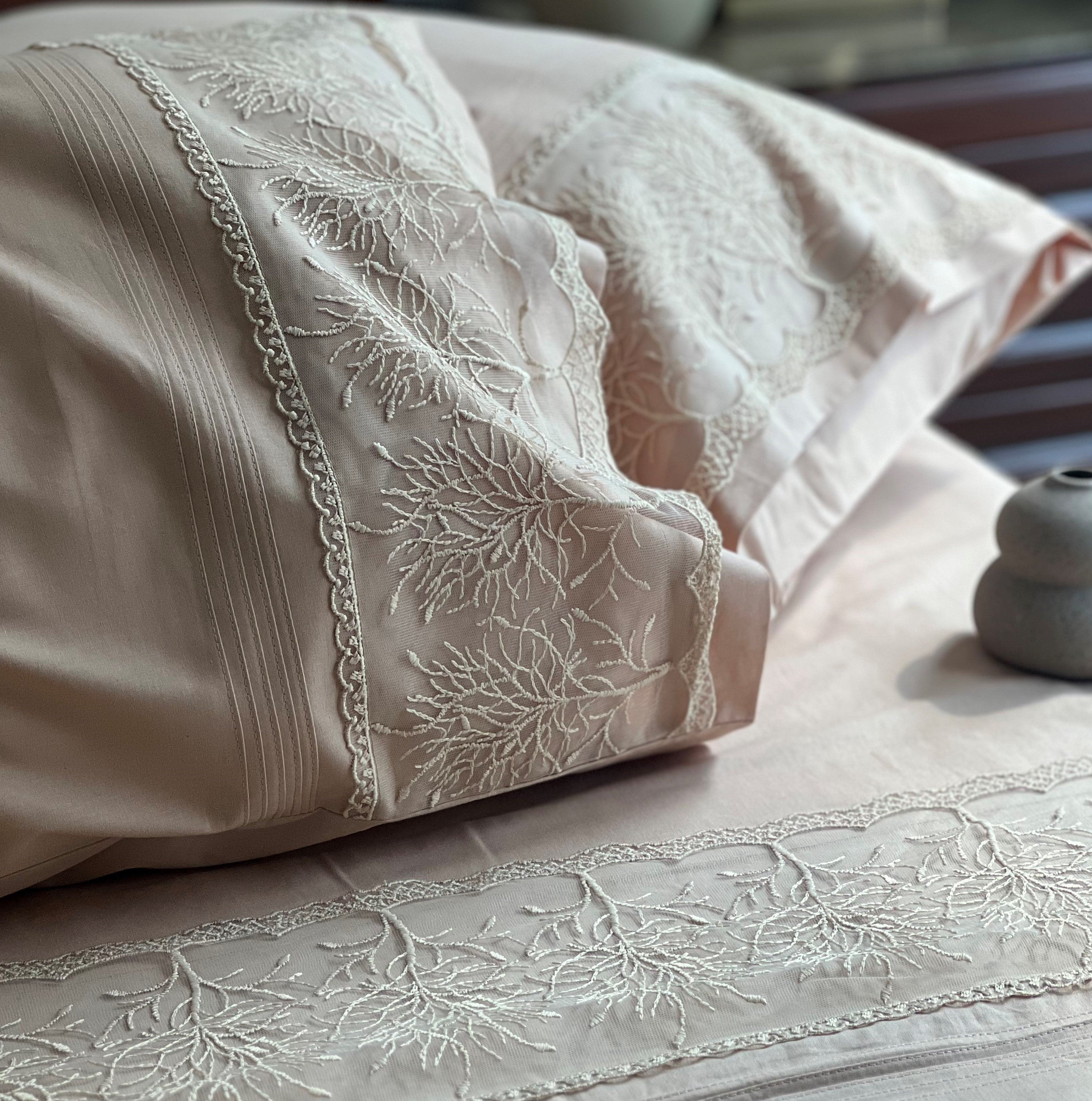 Chantilly Sand Embroidered Lace Bedsheet Set
