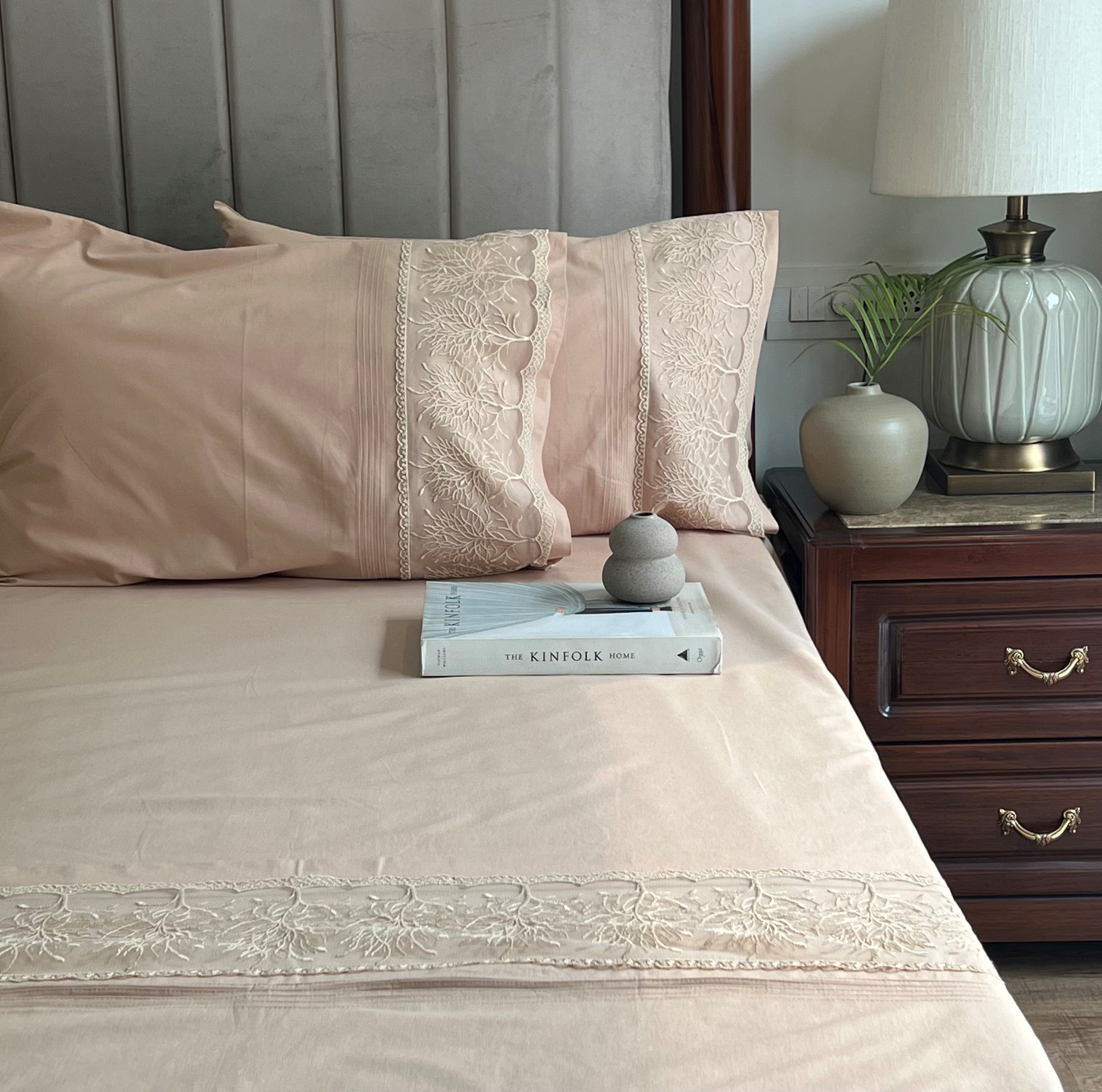 Chantilly Sand Embroidered Lace Bedsheet Set