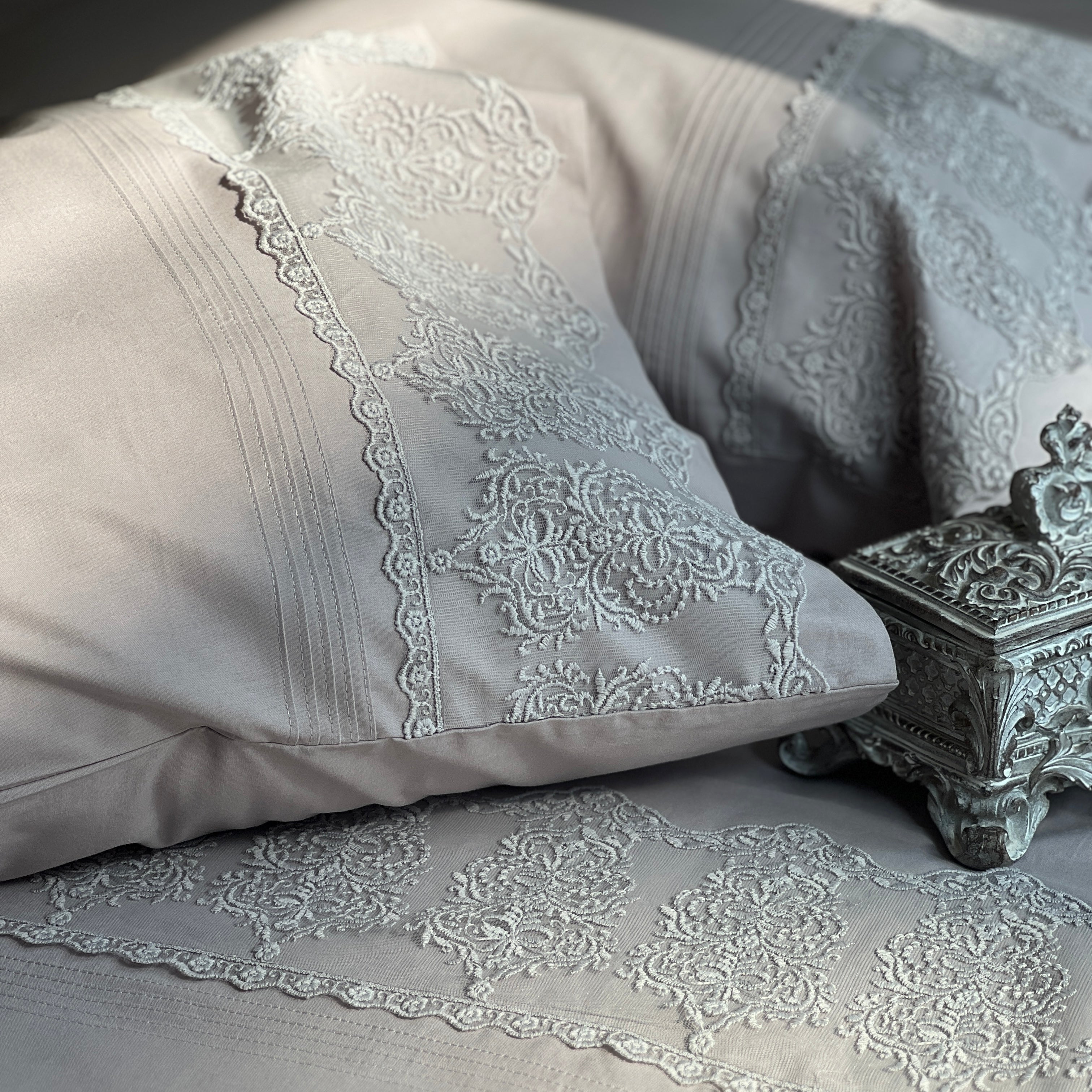 Chantilly Silver Embroidered Lace Bedsheet Set