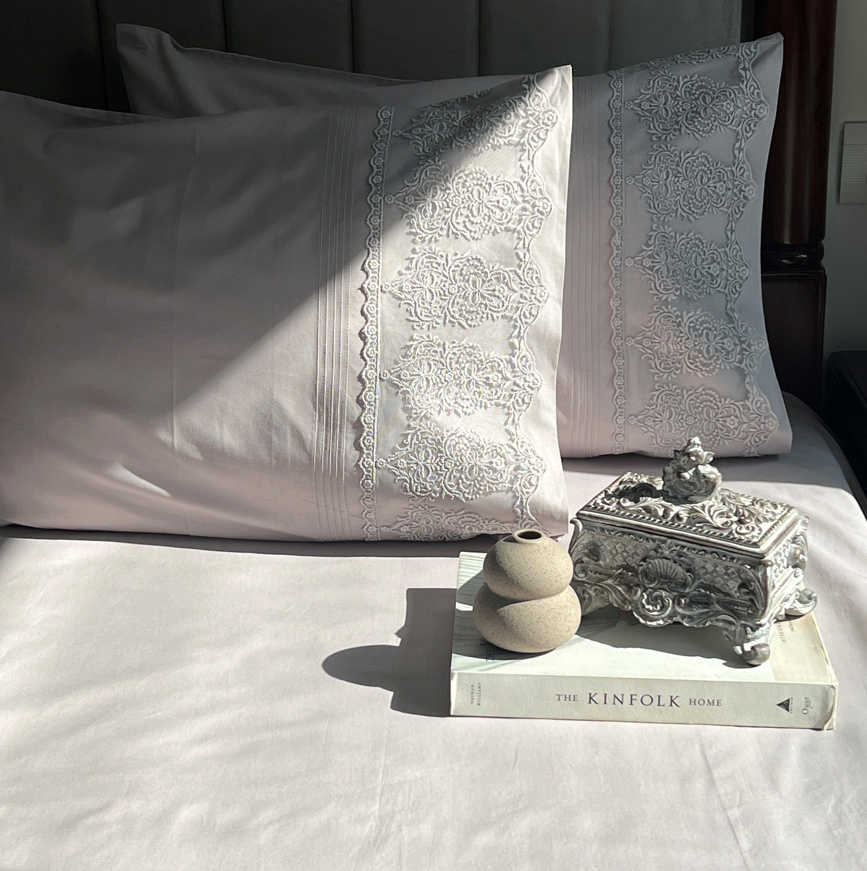 Chantilly Silver Embroidered Lace Bedsheet Set