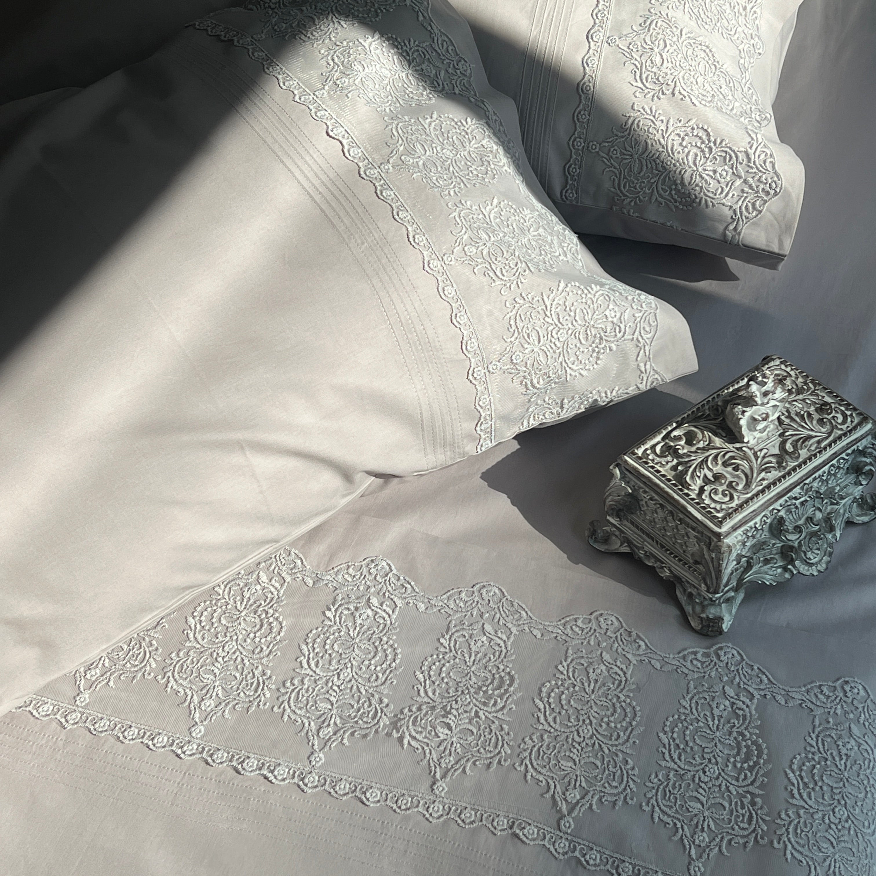 Chantilly Silver Embroidered Lace Bedsheet Set