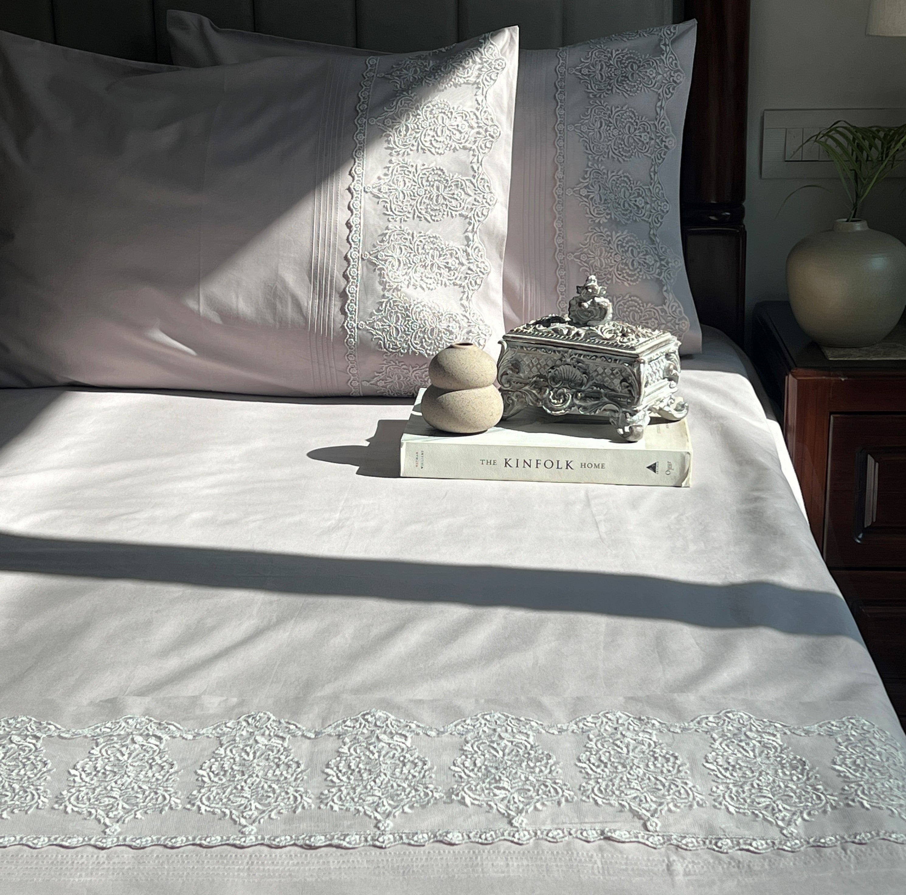 Chantilly Silver Embroidered Lace Bedsheet Set