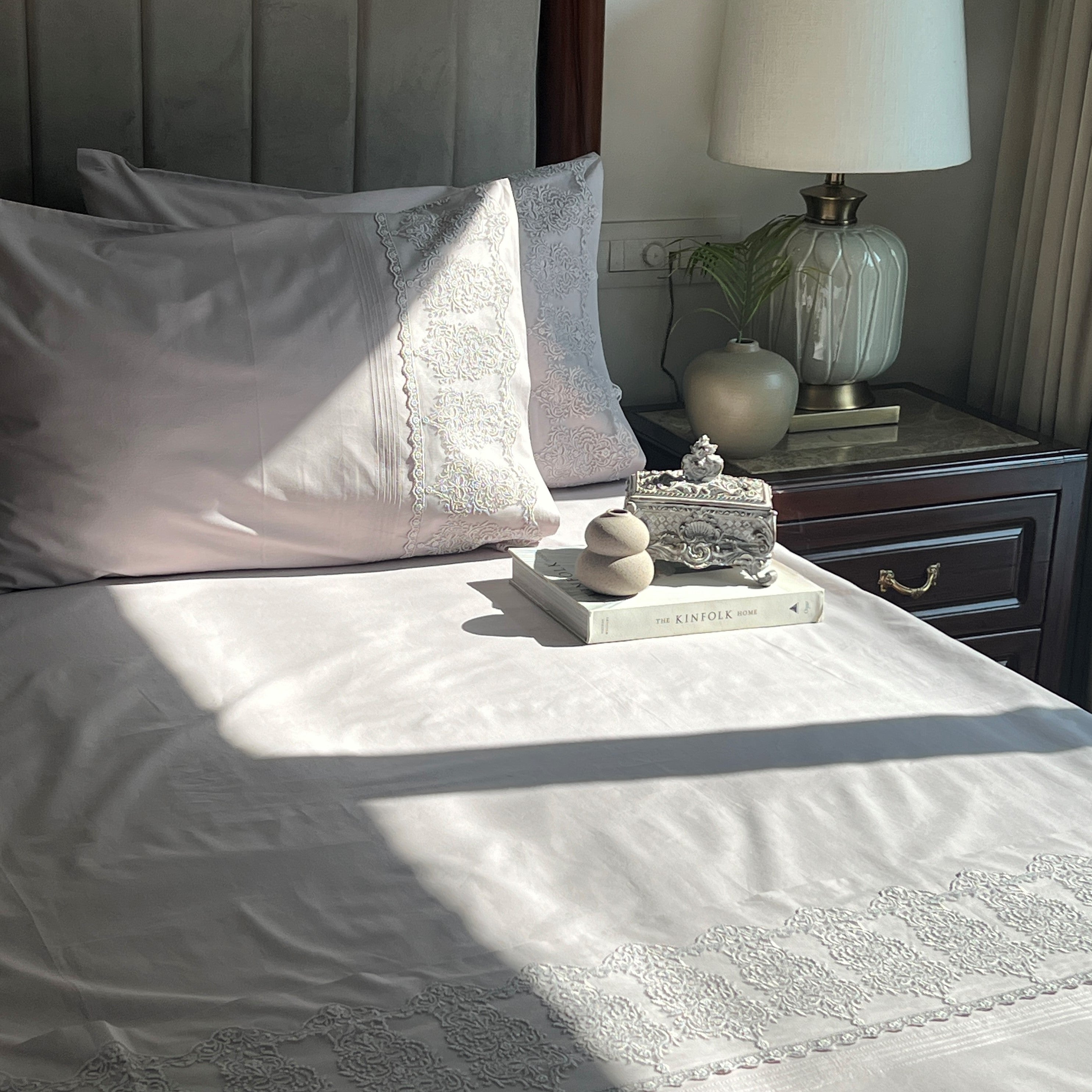 Chantilly Silver Embroidered Lace Bedsheet Set