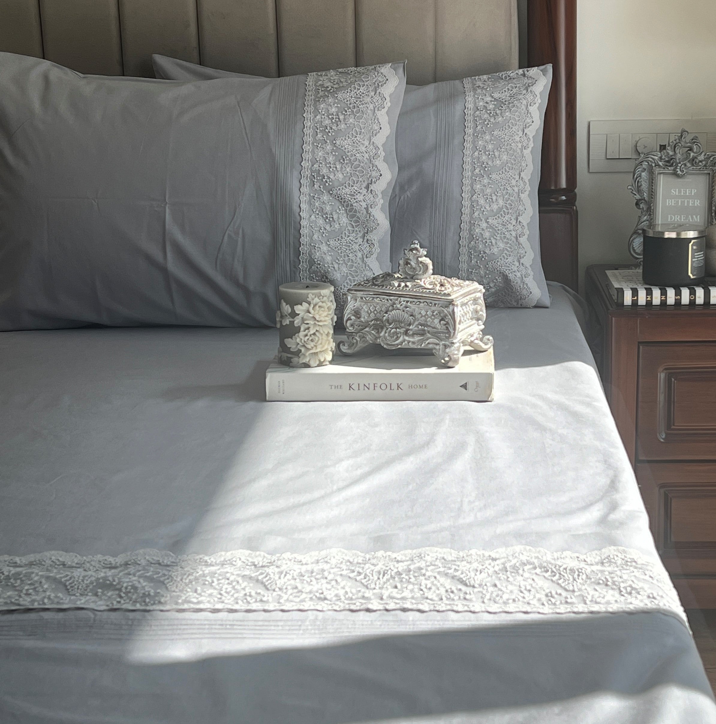 Chantilly Slate Embroidered Lace Bedsheet Set