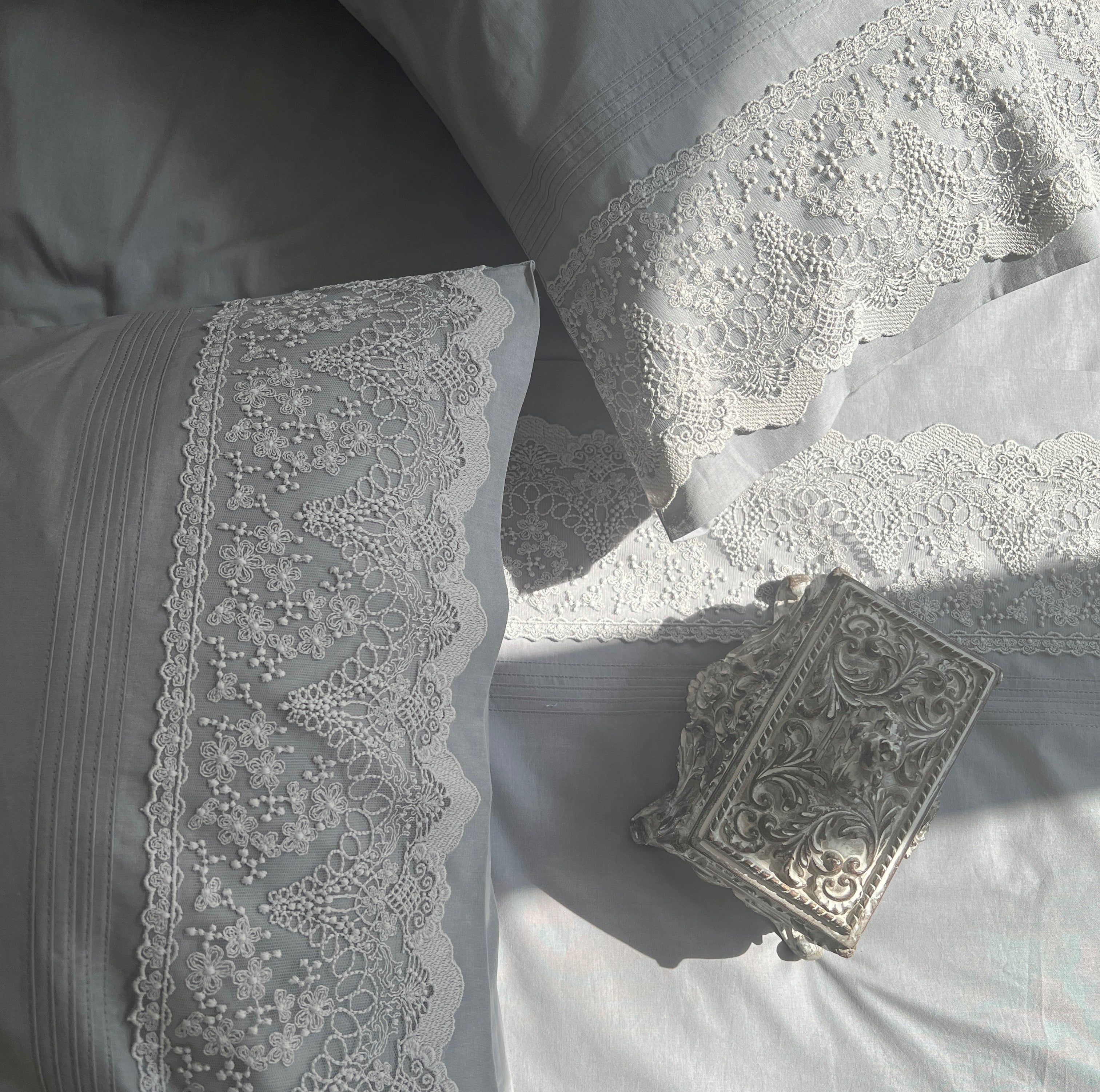 Chantilly Slate Embroidered Lace Bedsheet Set