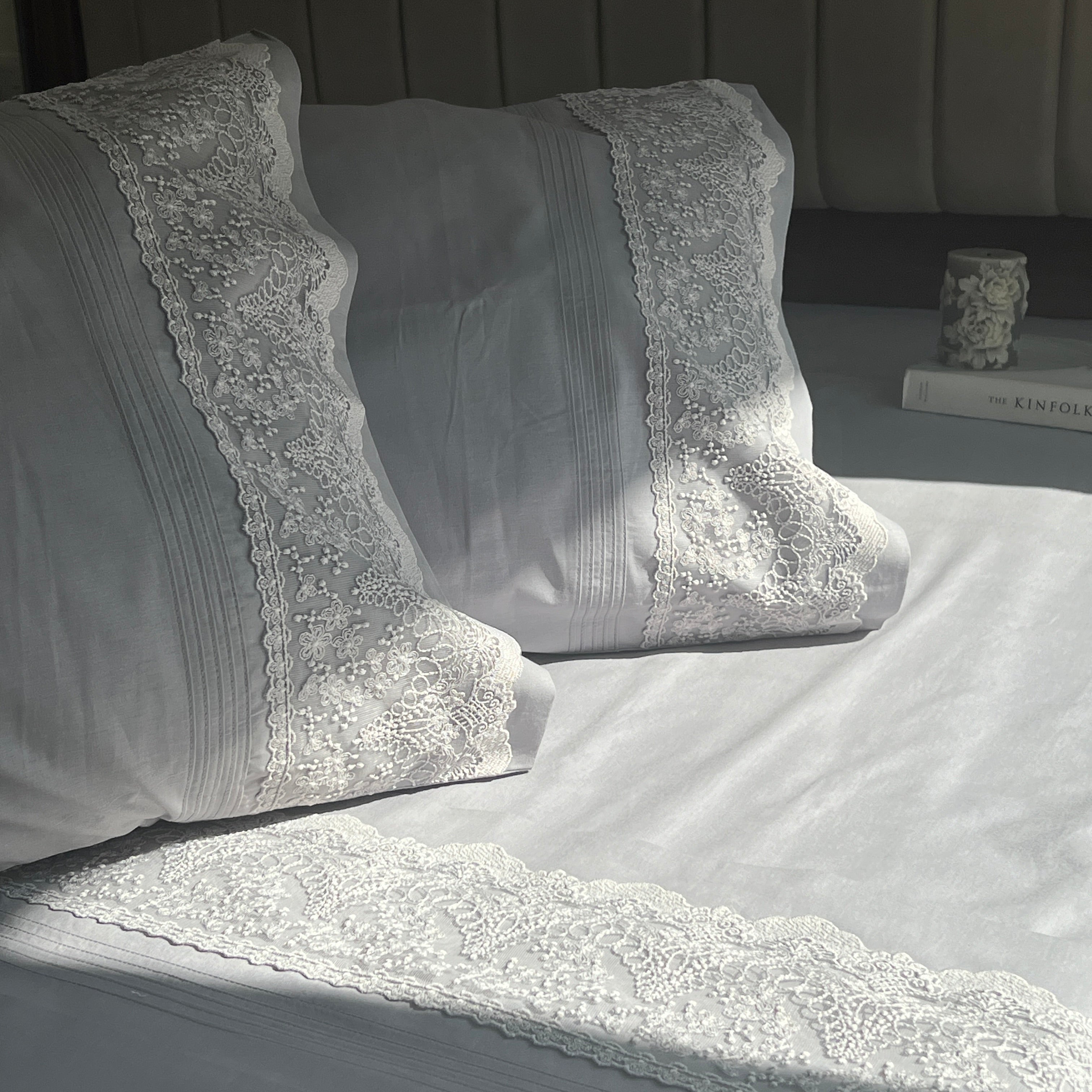 Chantilly Slate Embroidered Lace Bedsheet Set