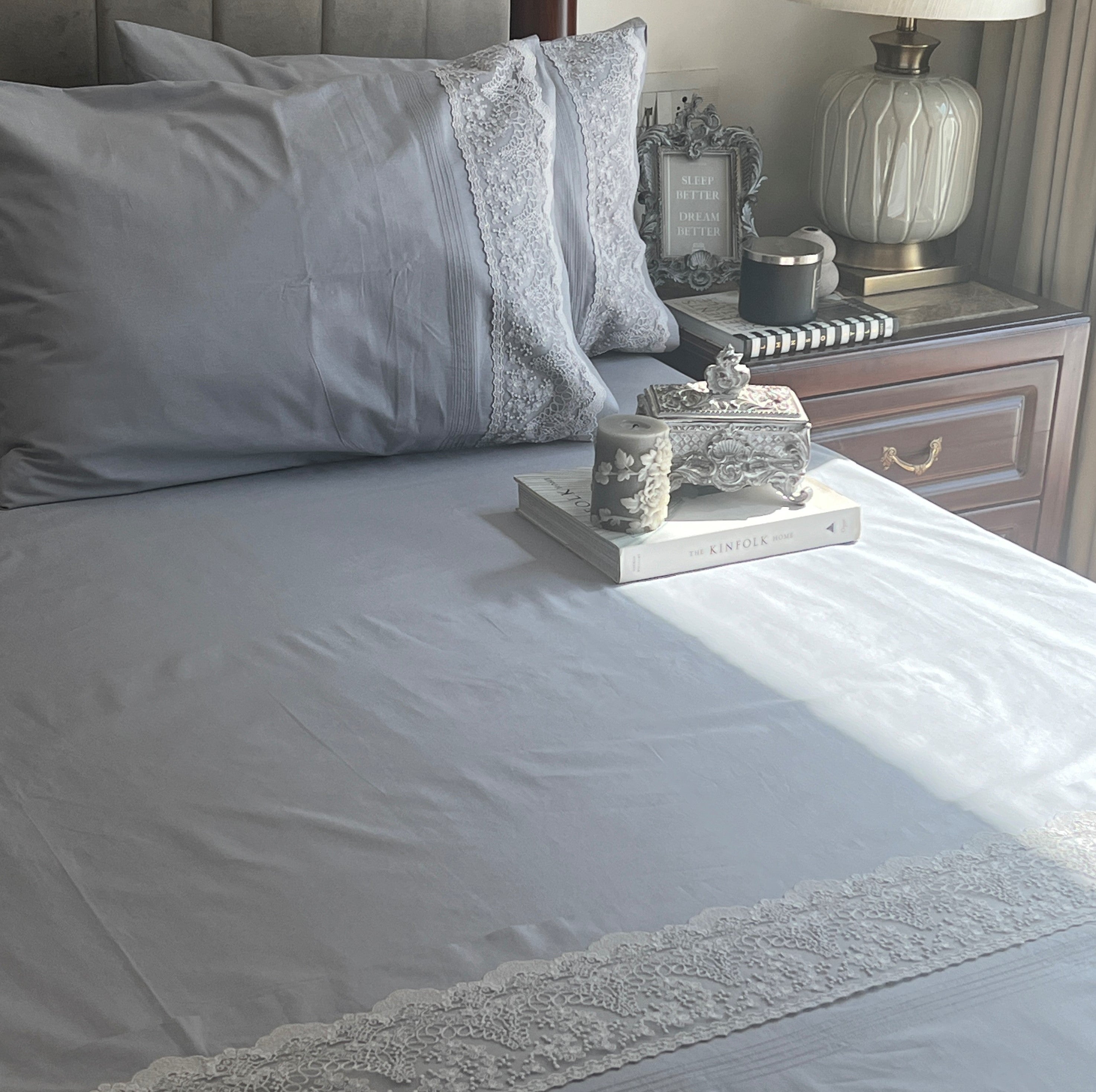 Chantilly Slate Embroidered Lace Bedsheet Set