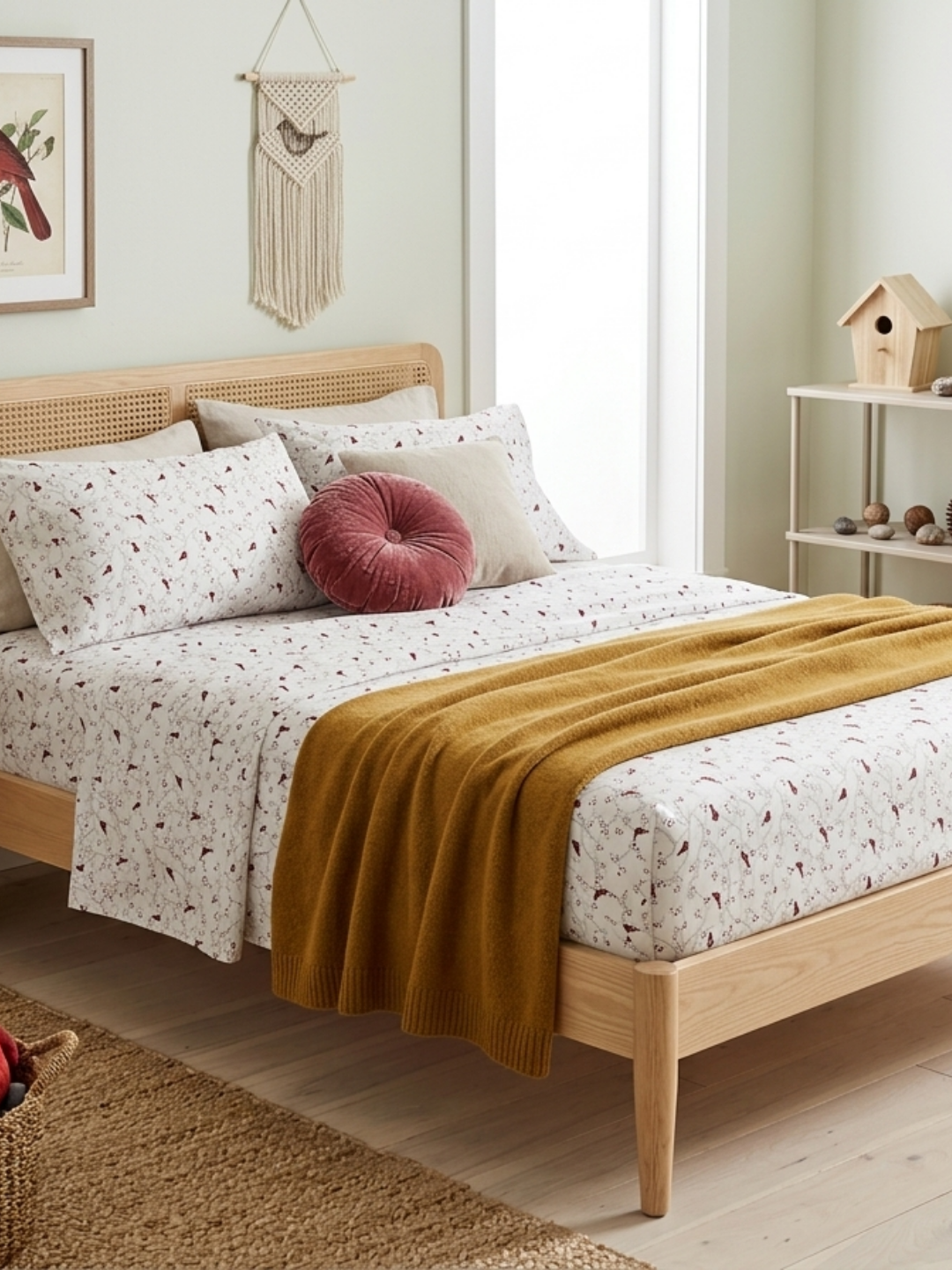 Cherry Birds Ivory Printed Cotton Bedsheet Set