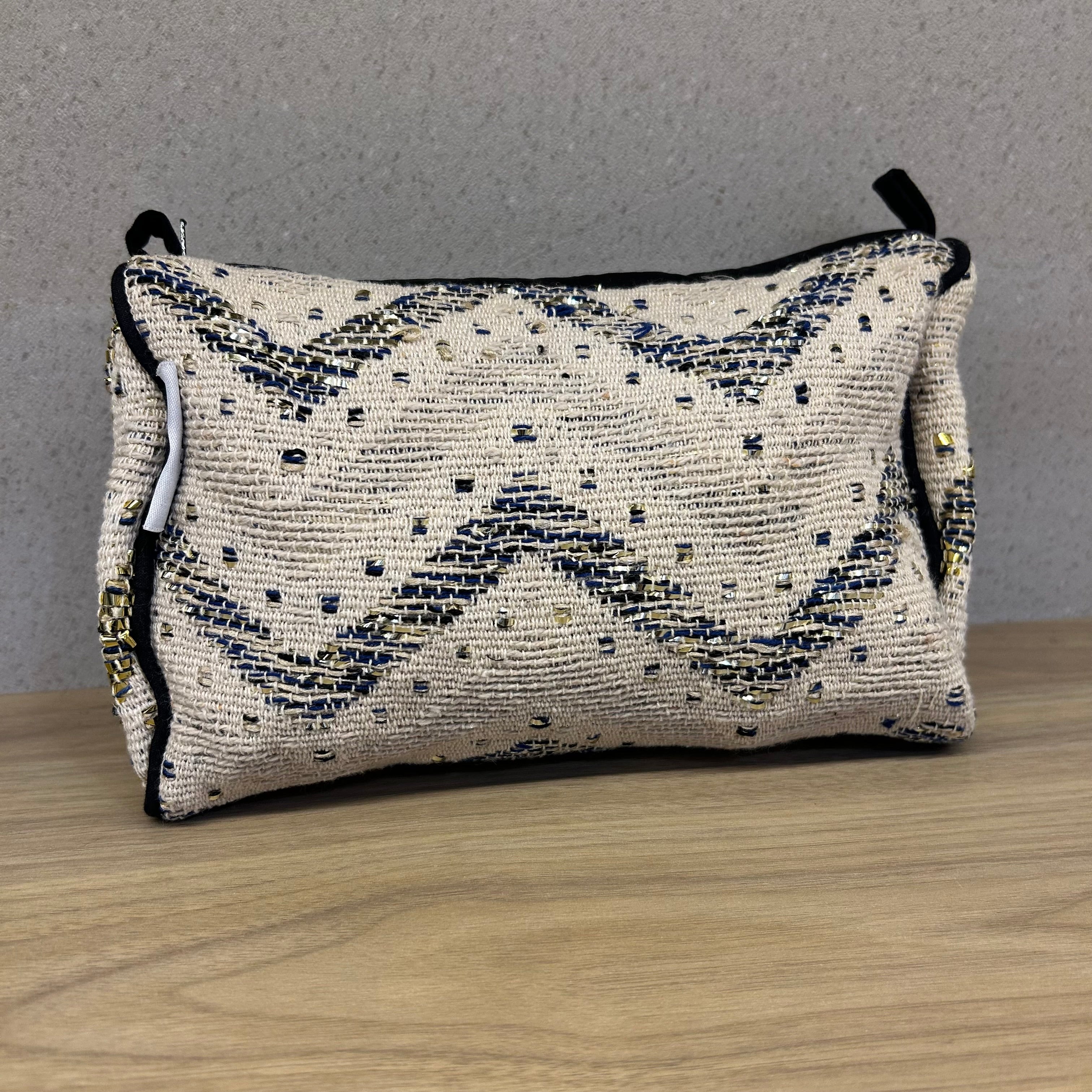 Ivory and Blue Chevron Cotton Medium Size Woven Wedding Jewelry Pouch / Cosmetic / Make Up Case Multifunction Storage