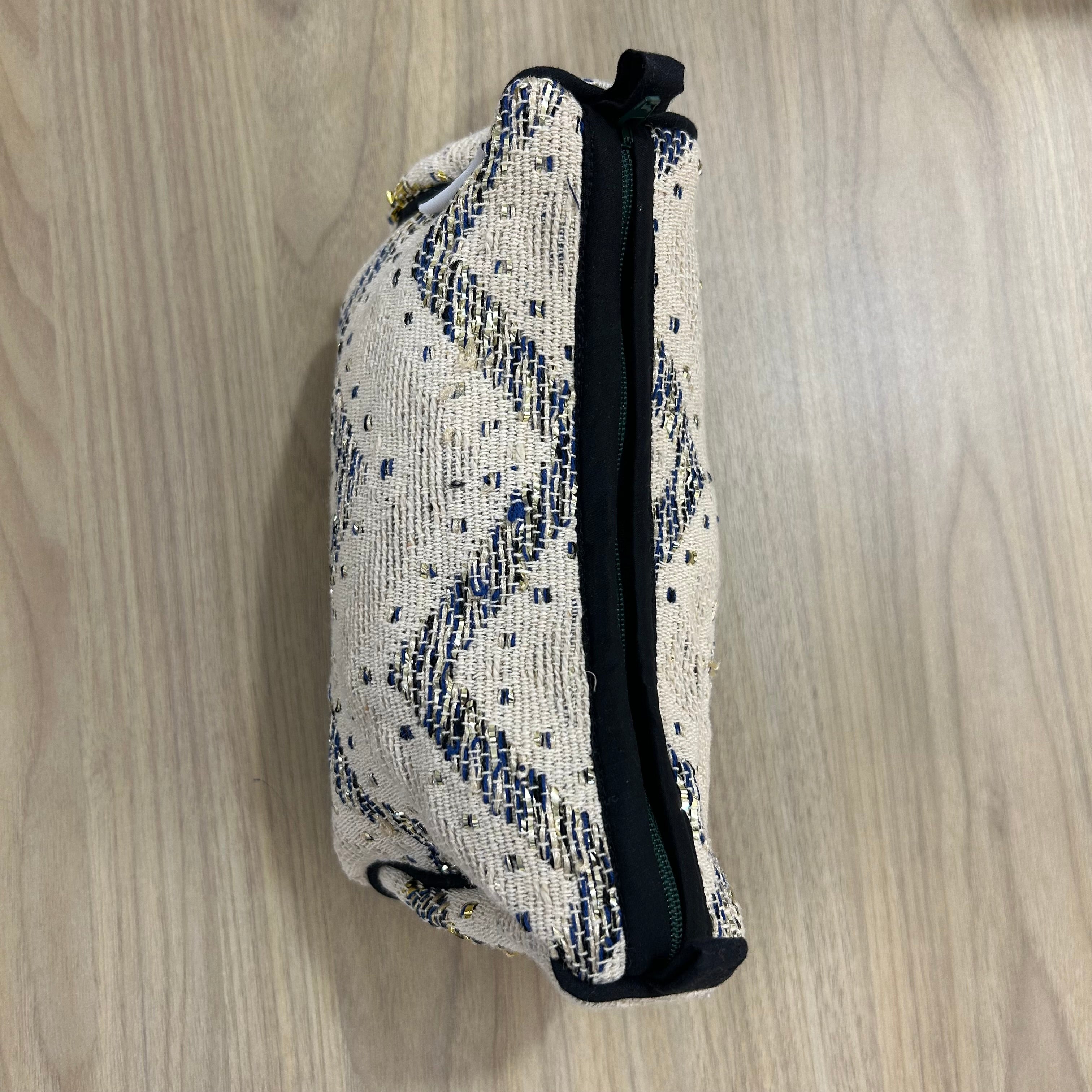 Ivory and Blue Chevron Cotton Medium Size Woven Wedding Jewelry Pouch / Cosmetic / Make Up Case Multifunction Storage