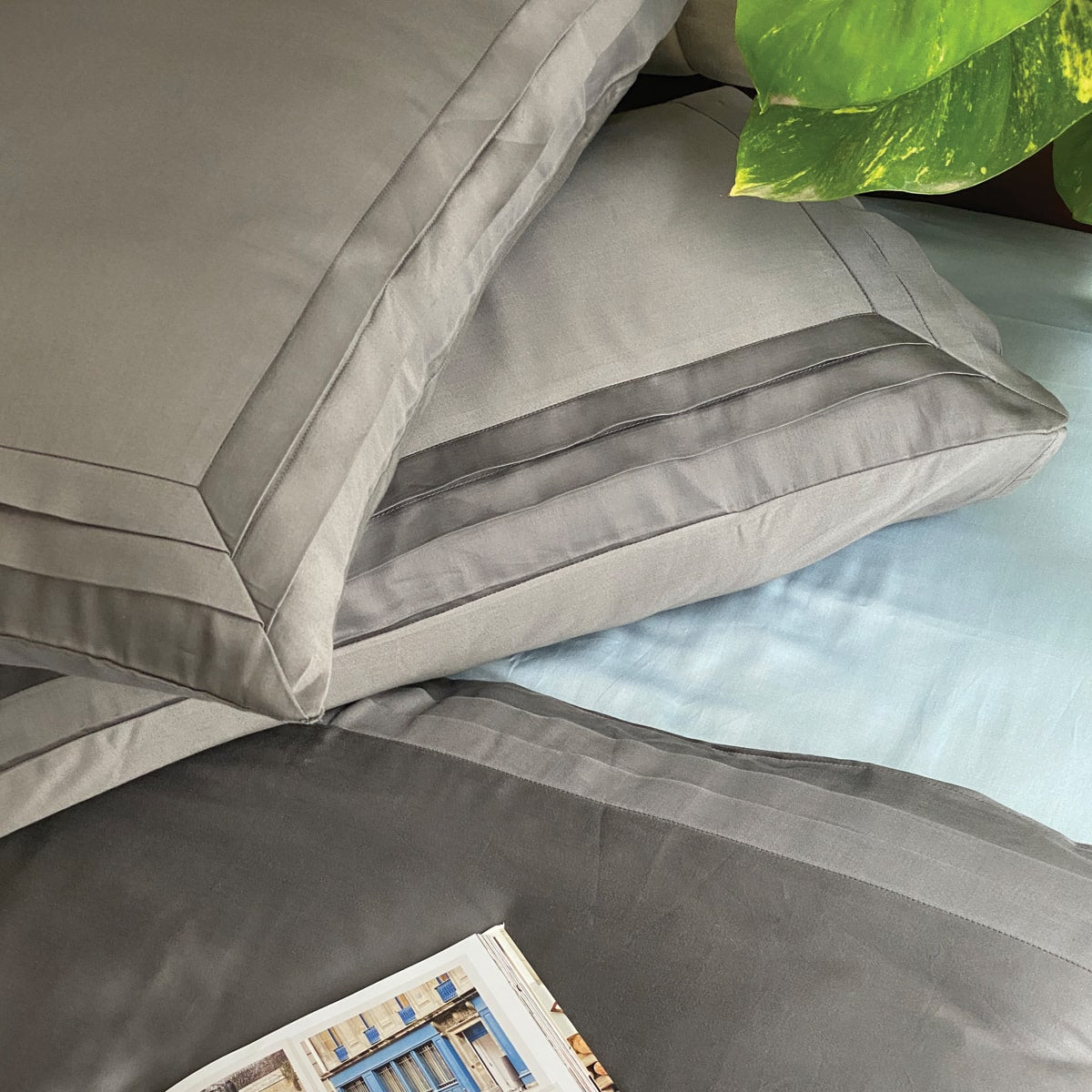 Dark Grey and Smoke Blue Tri Pleat Duvet Cover Set