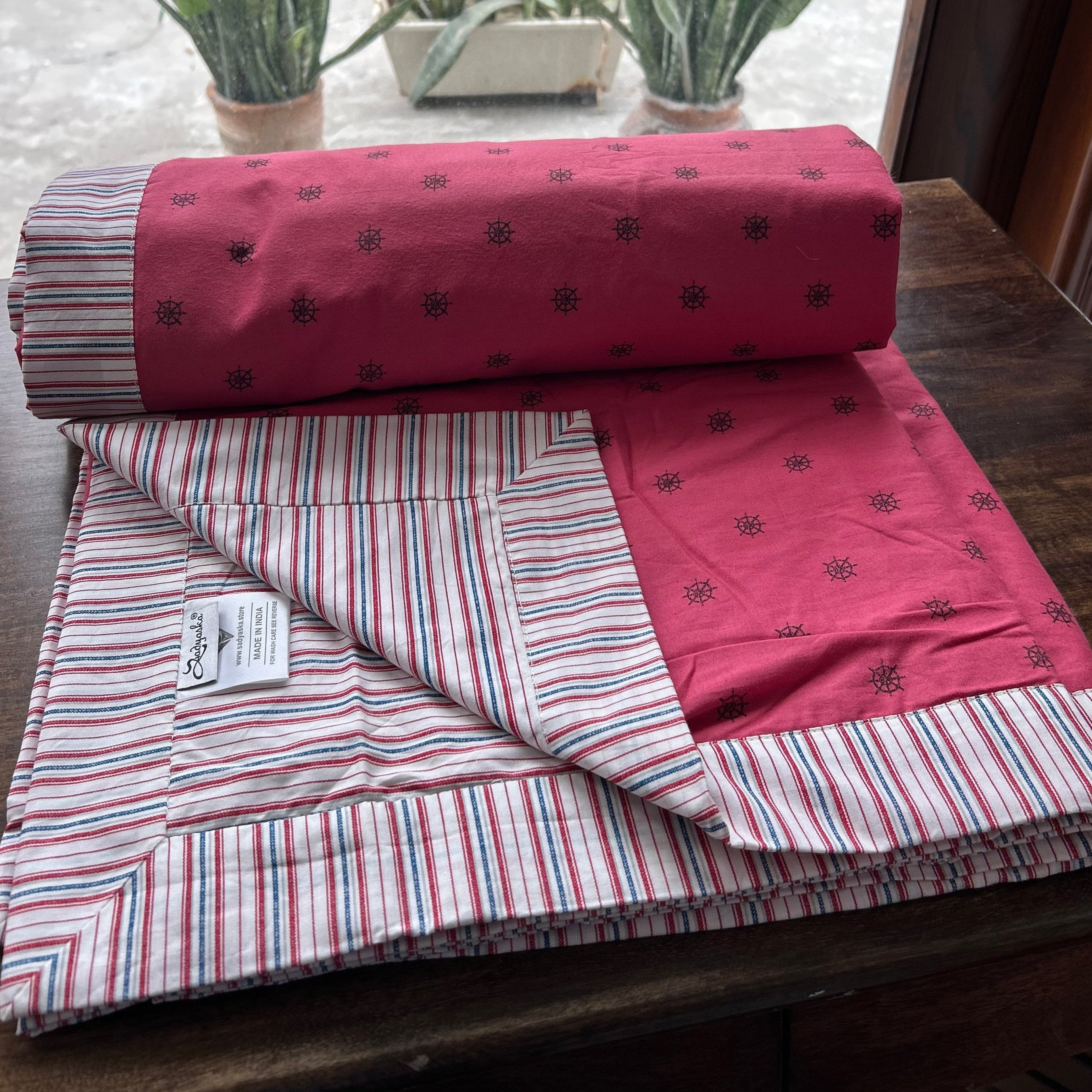 Single Bed Pink Printed Premium Pure Cotton Reversible Dohar