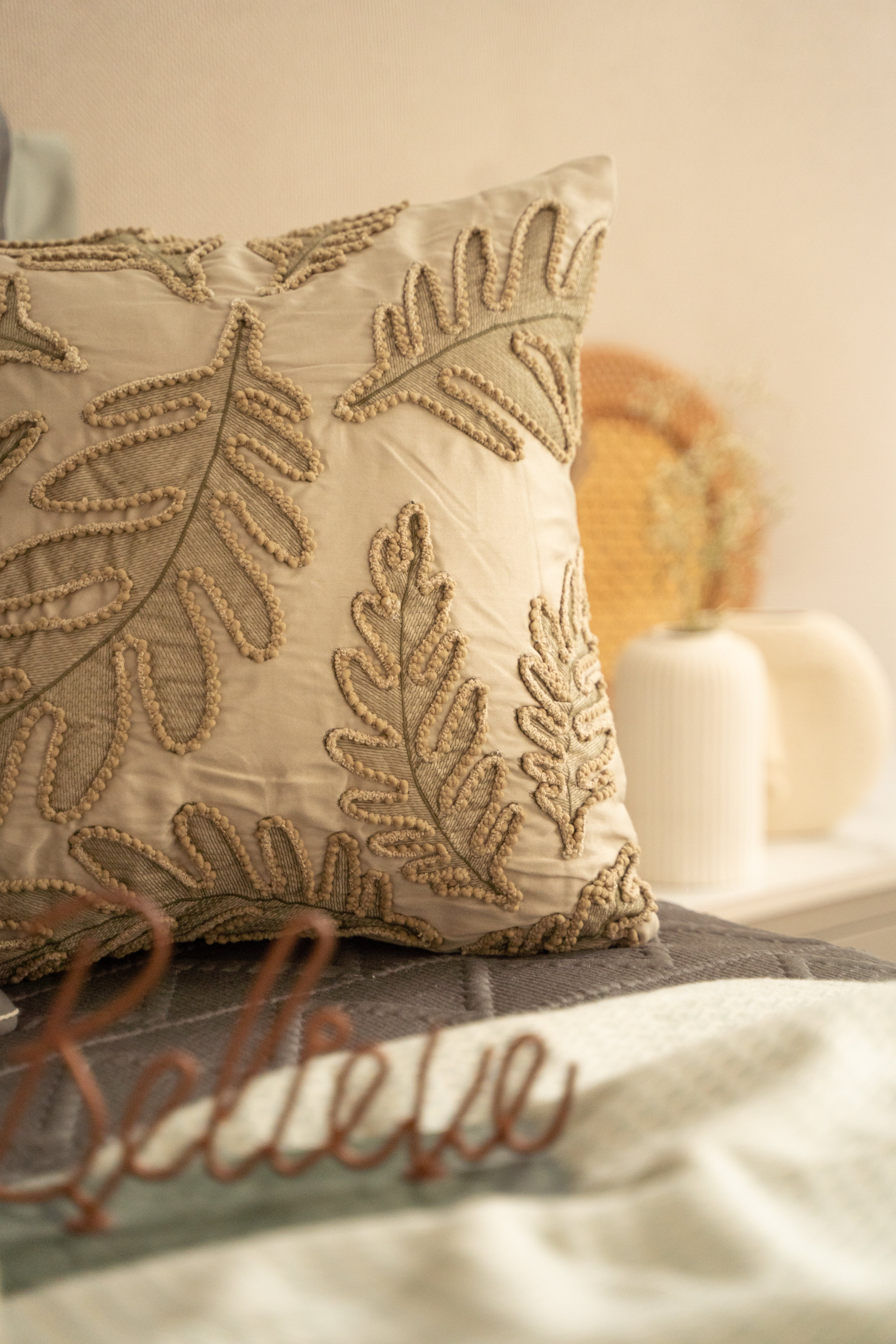 Forest Whisper Cotton Embroidered Beige Cushion Cover 16" X 16"
