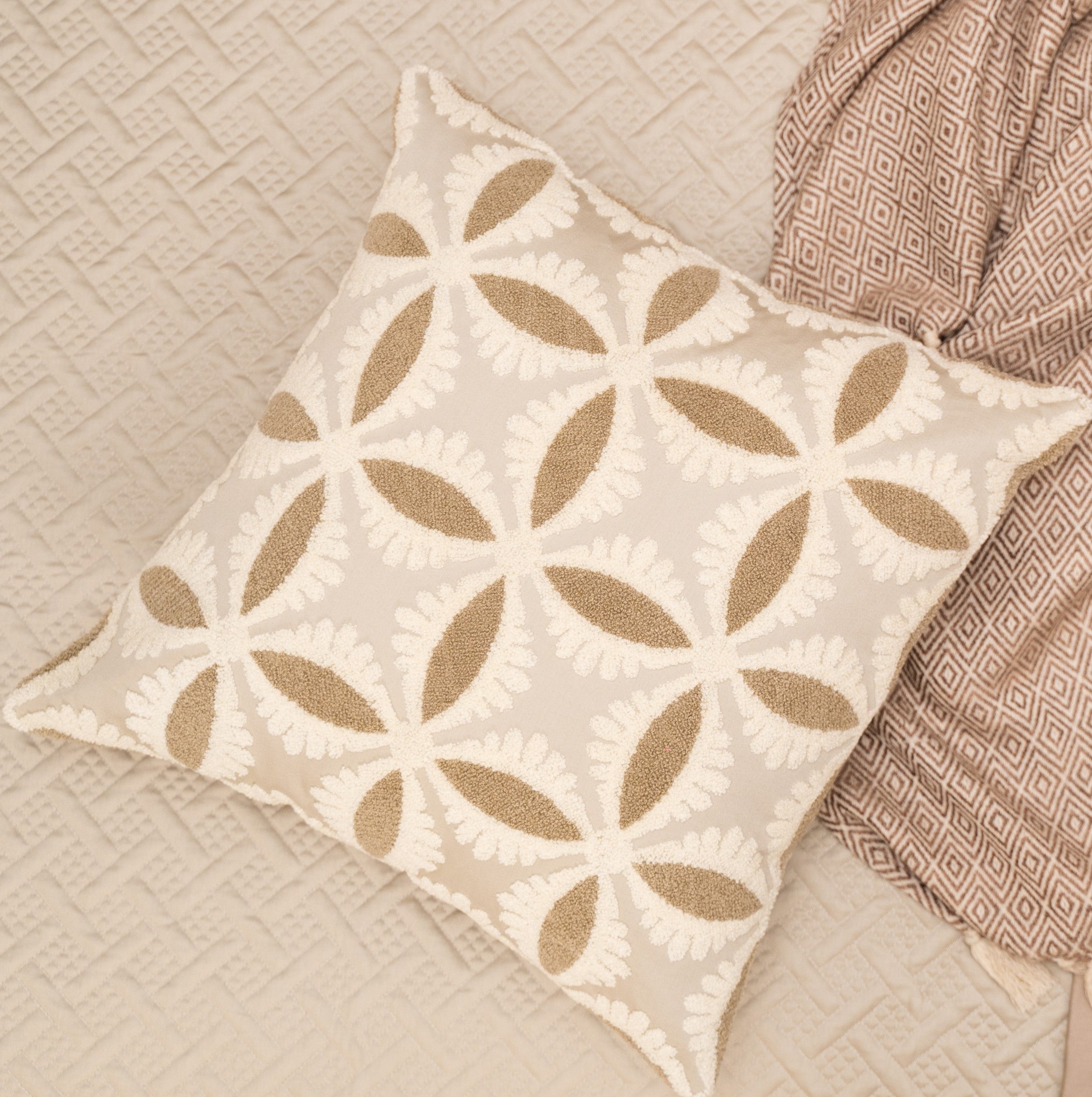 Botanical Bliss Cotton Embroidered Beige Cushion Cover 16" X 16"