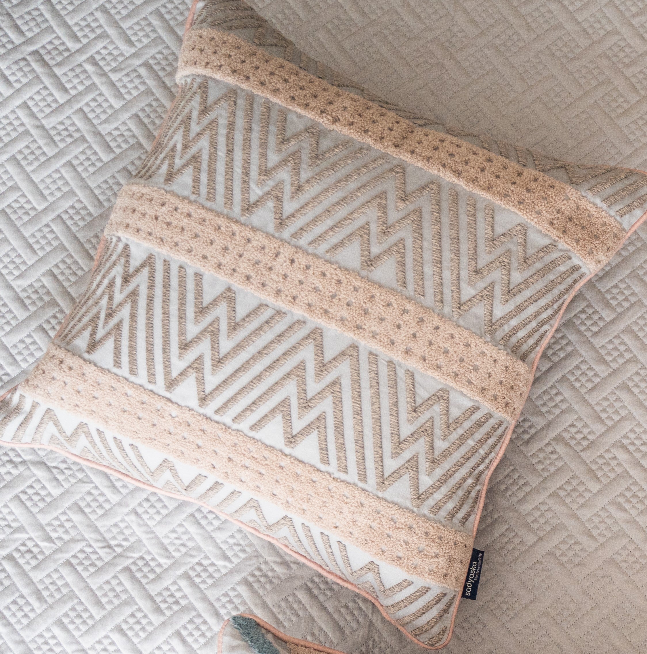 Chevron Fusion Cotton Embroidered Grey Cushion Cover 16" X 16"