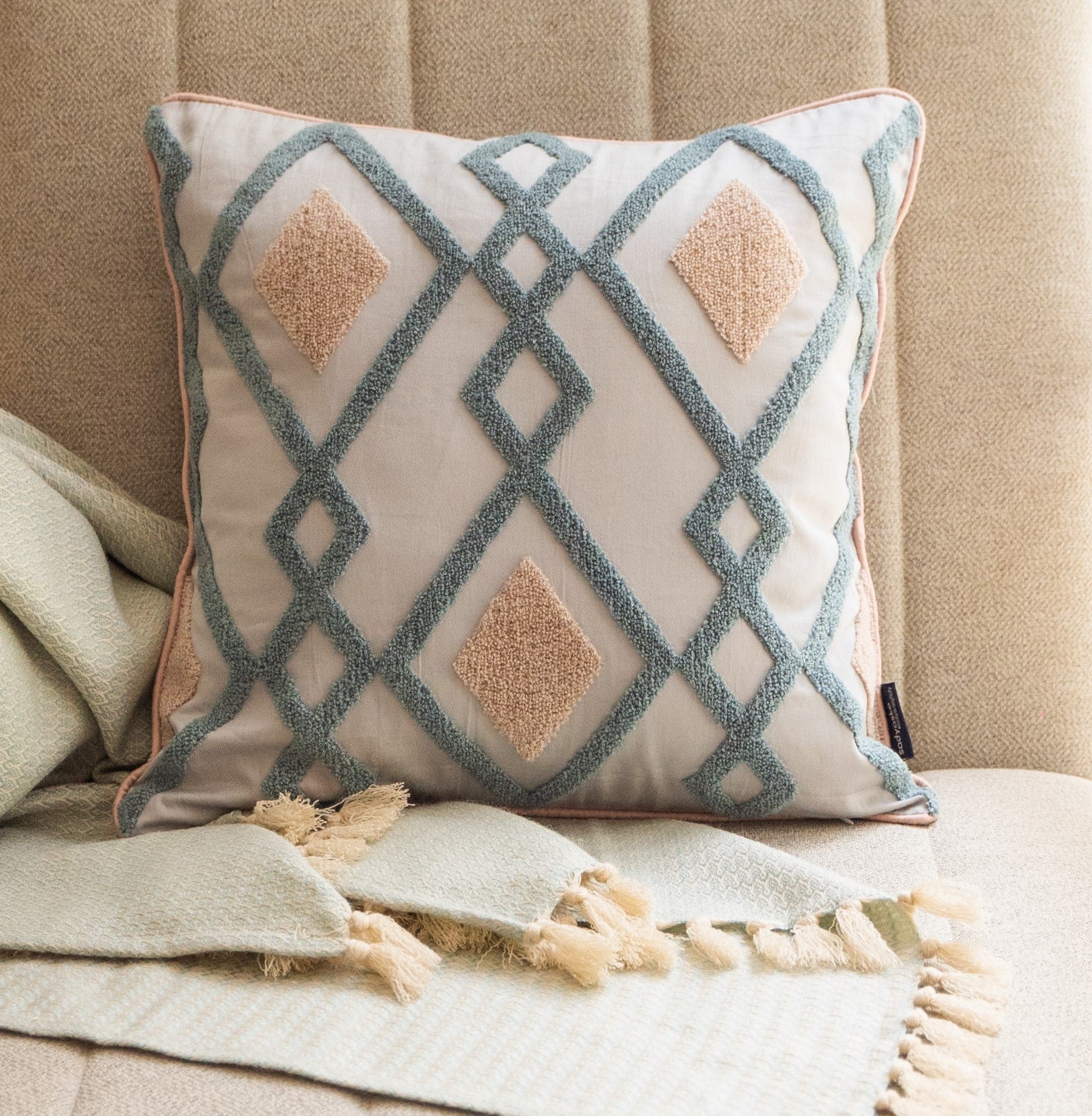 Wanderlust Cotton Embroidered Grey Cushion Cover 16" X 16"