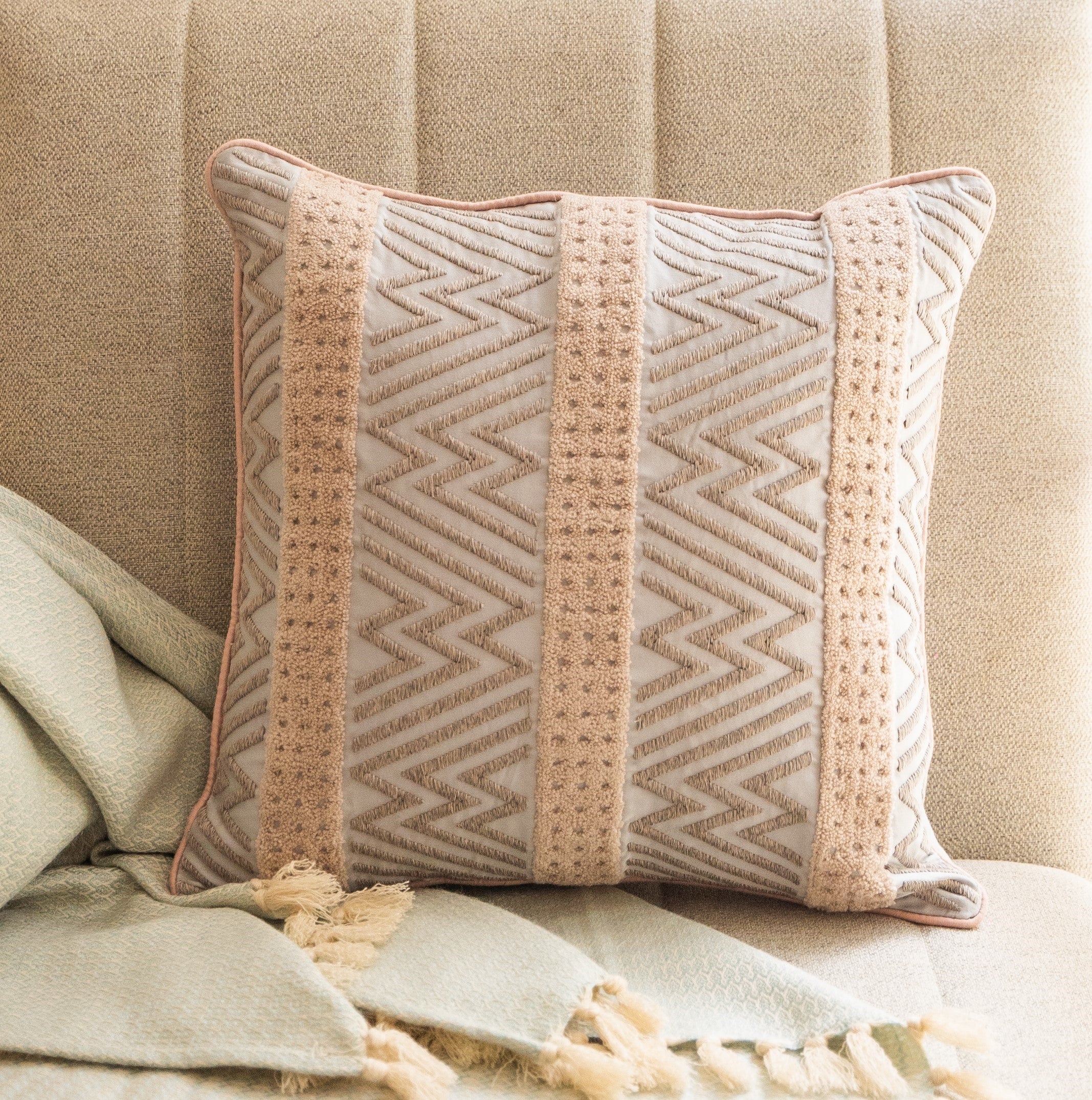 Chevron Fusion Cotton Embroidered Grey Cushion Cover 16" X 16"