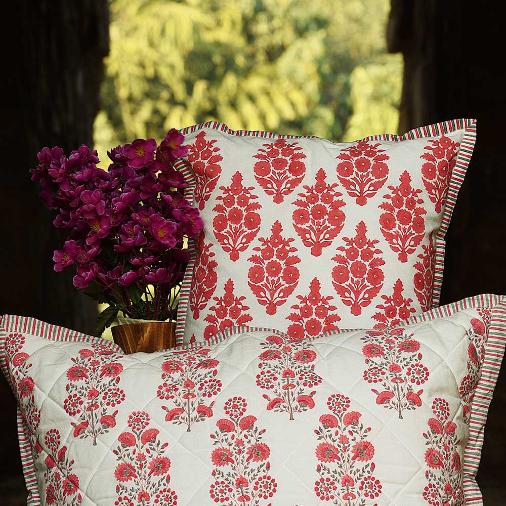 Butah Jaal Hand Block Print Cushion Cover 16"x16" Pink Floral Printed Pattern Cushion Case…