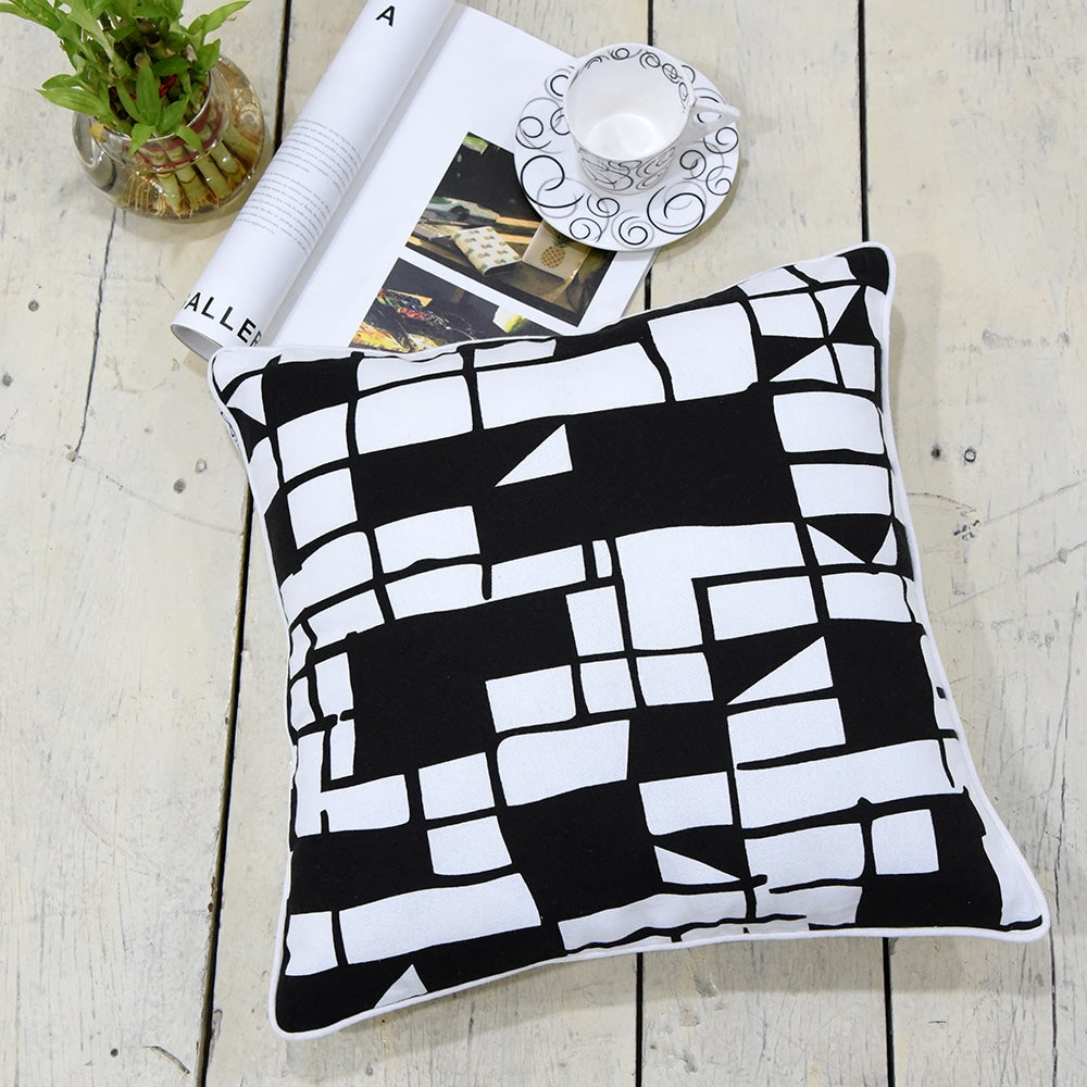Black White Cotton Cushion Cover 16x16 Screen Printed Geometric Cush