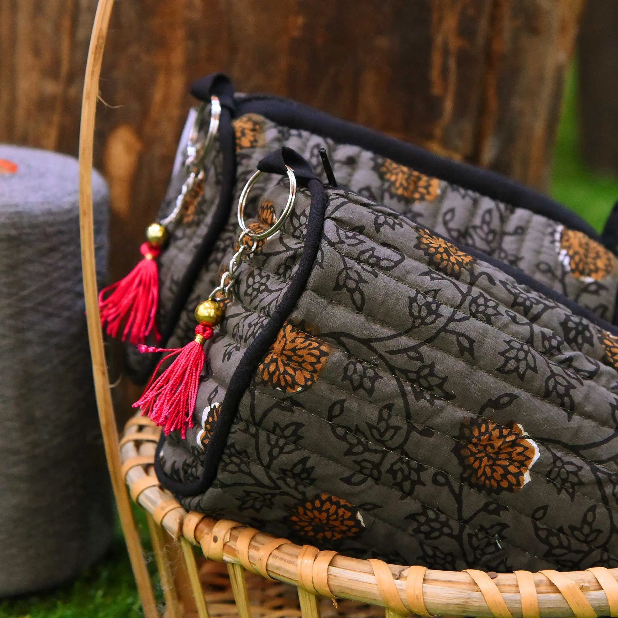 Cotton Block Print Make Up Case Handmade Jewelry Pouch Quilted Travel Bag