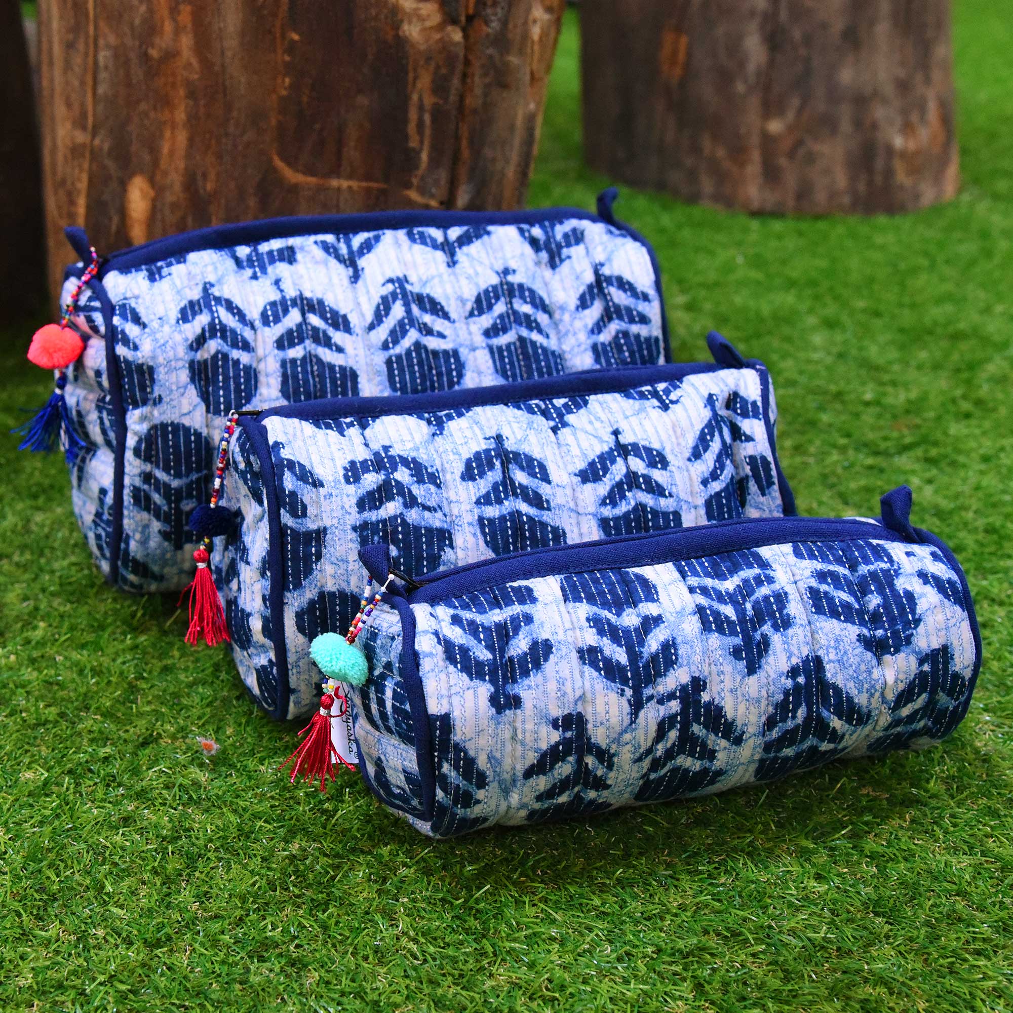 Handmade Block Print Coins & Purse Cosmetic Jewelry Pouches Set of 3