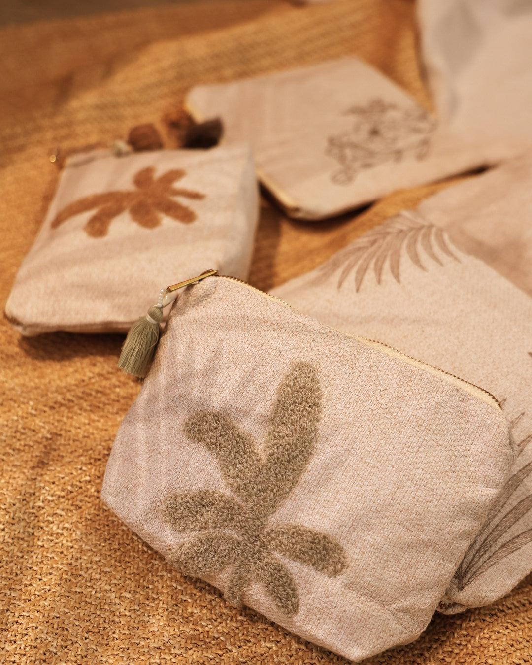 Desert Bloom Sage Beige Chambray Medium Size Embroidered Pouch / Cosmetic / Make Up Case Multifunction Storage