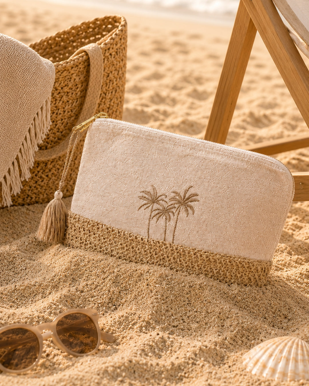 Desert Palms Beige Raffia Large Size Embroidered Pouch / Cosmetic / Make Up Case Multifunction Storage
