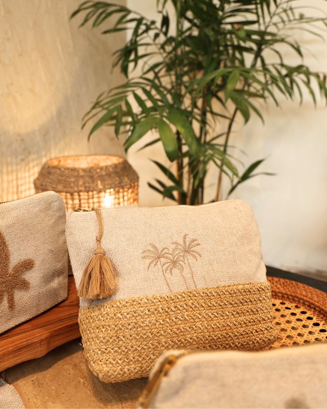 Desert Palms Beige Raffia Large Size Embroidered Pouch / Cosmetic / Make Up Case Multifunction Storage