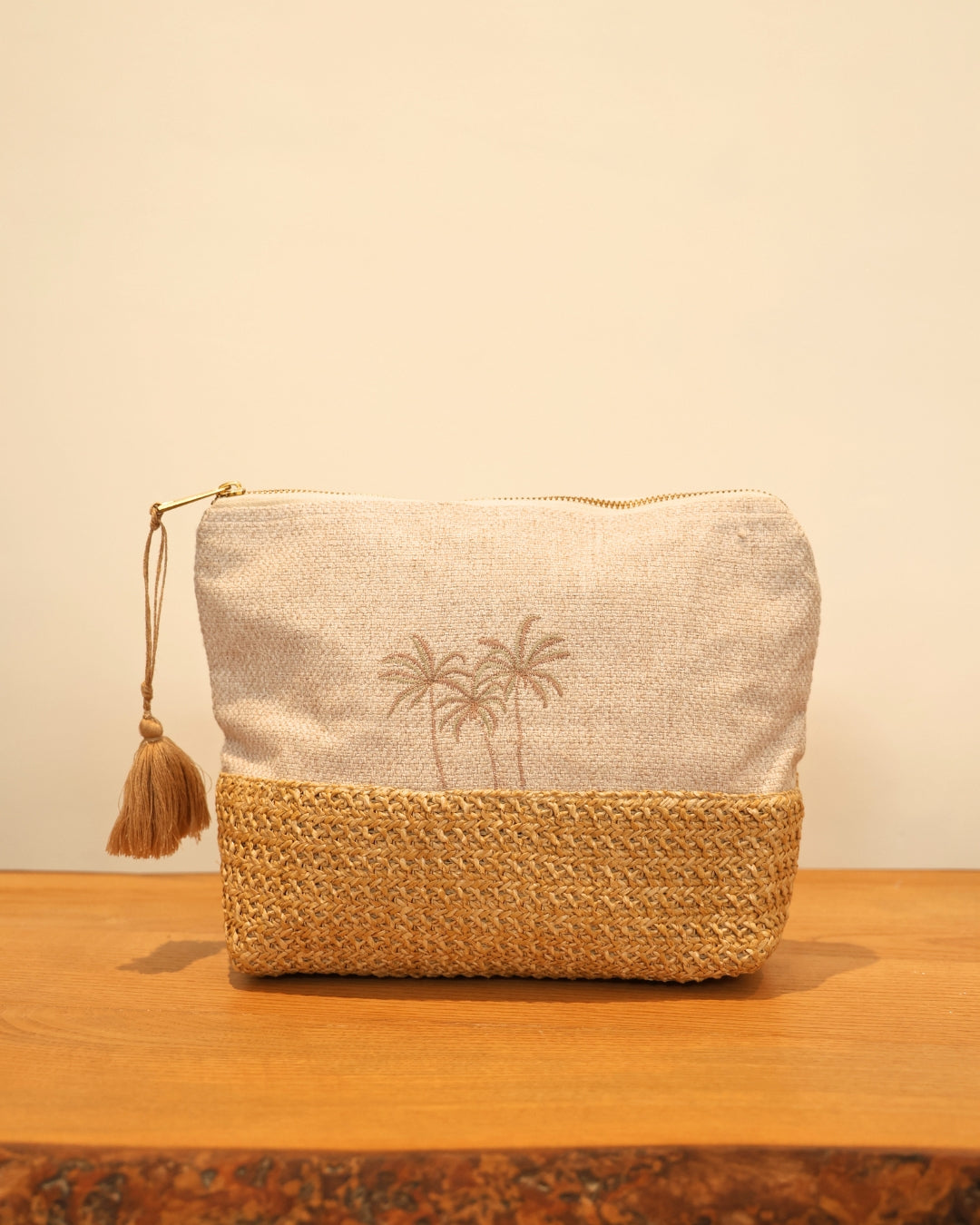 Desert Palms Beige Raffia Large Size Embroidered Pouch / Cosmetic / Make Up Case Multifunction Storage