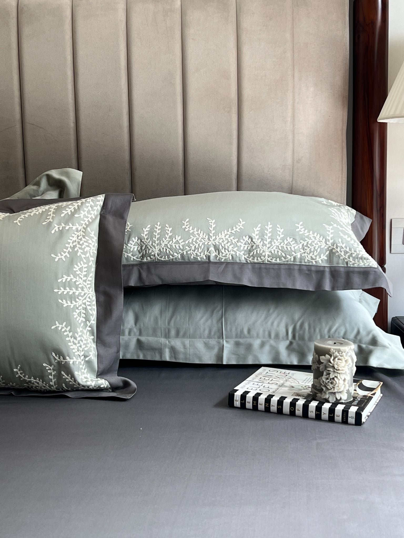 Faith Sage Green Elephant Grey Desire Cotton Bedsheet Set (5 PC Set)