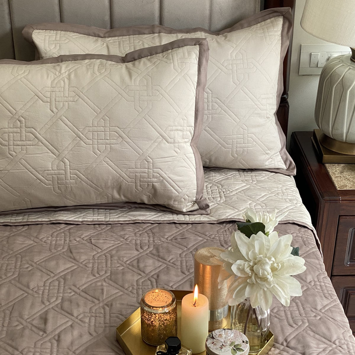 Quilted Beige and Taupe Gizmo Reversible Bedspread