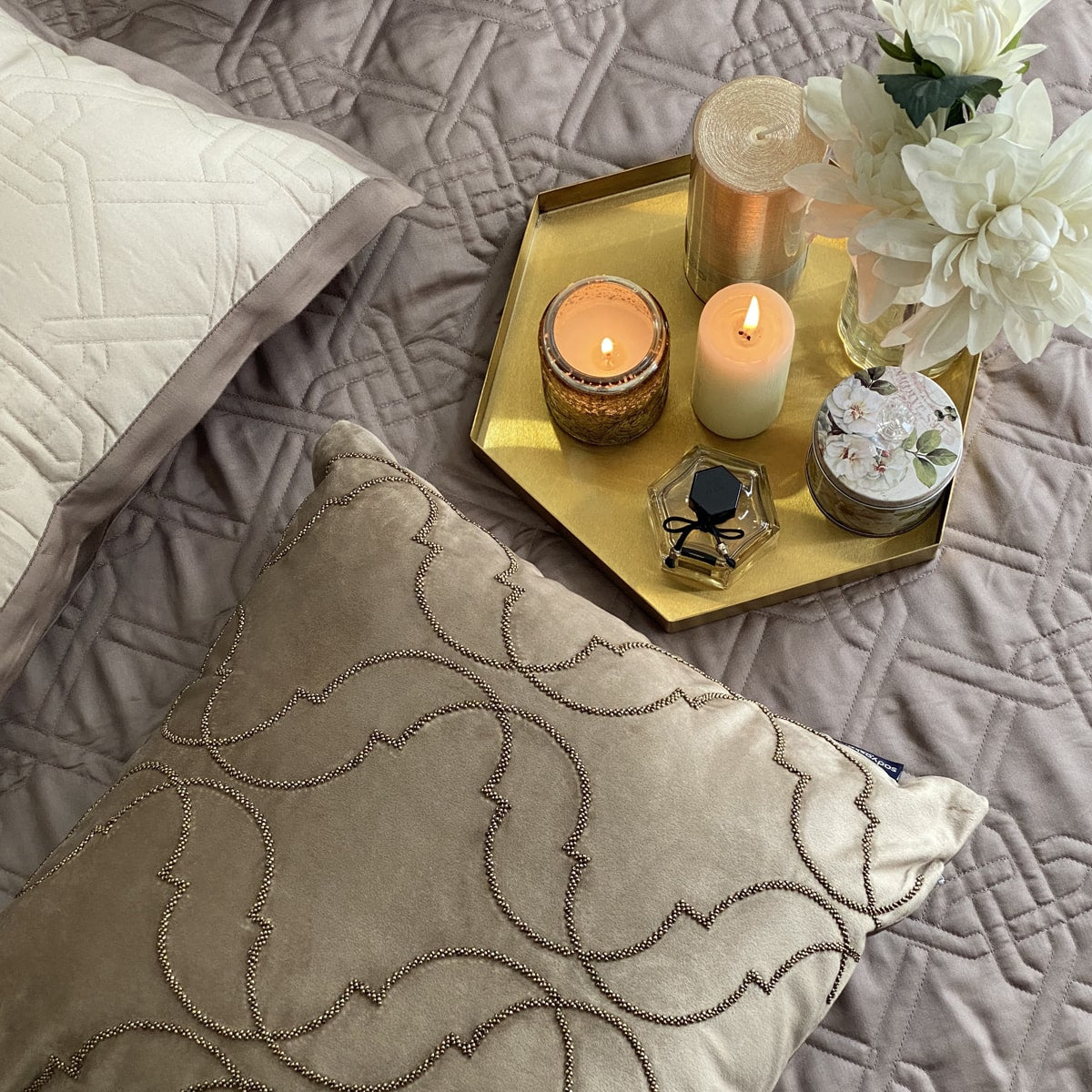Quilted Beige and Taupe Gizmo Reversible Bedspread